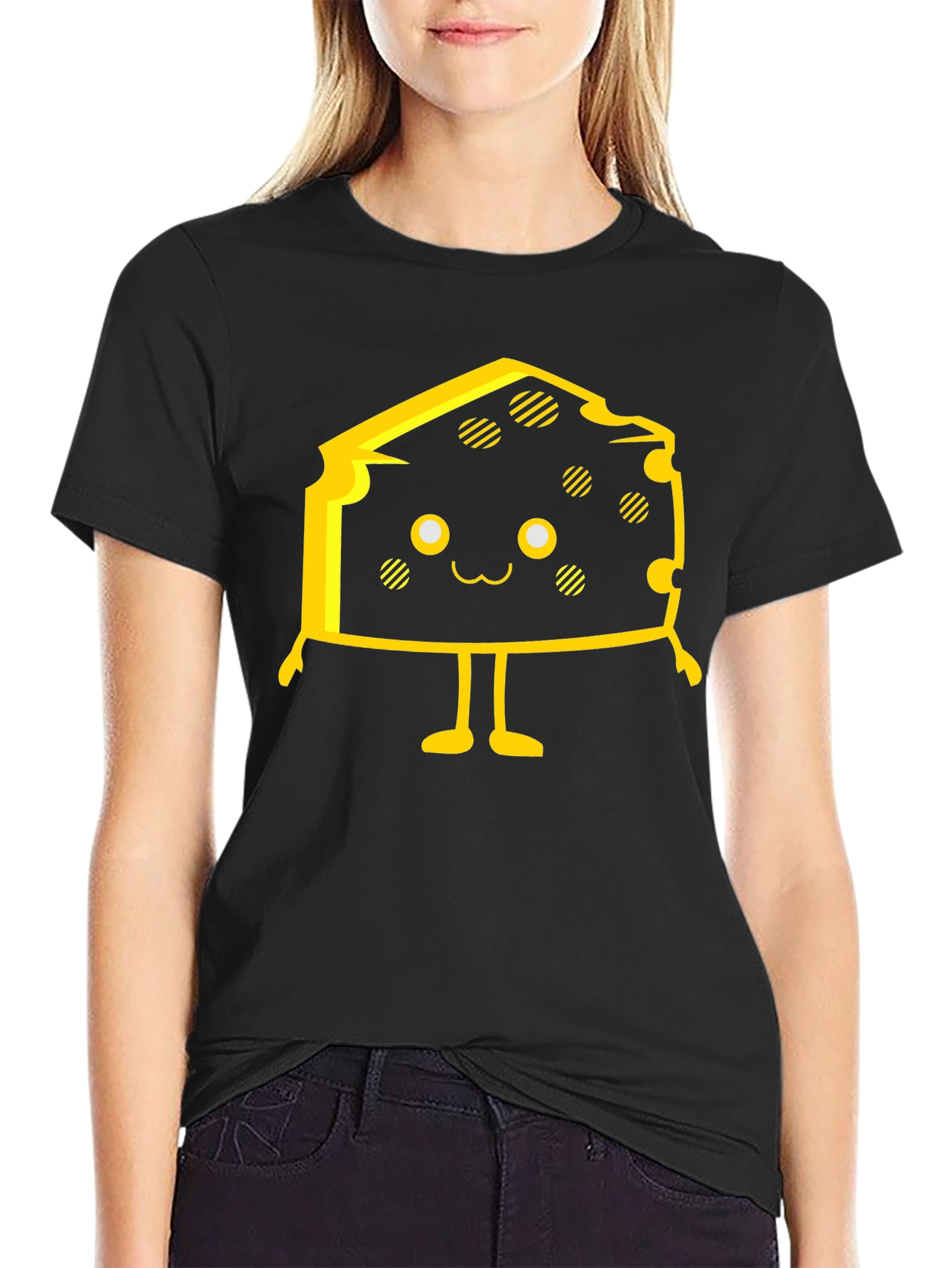 Black Cute Cartoon Cheese Graphic Black T-Shirt view 2