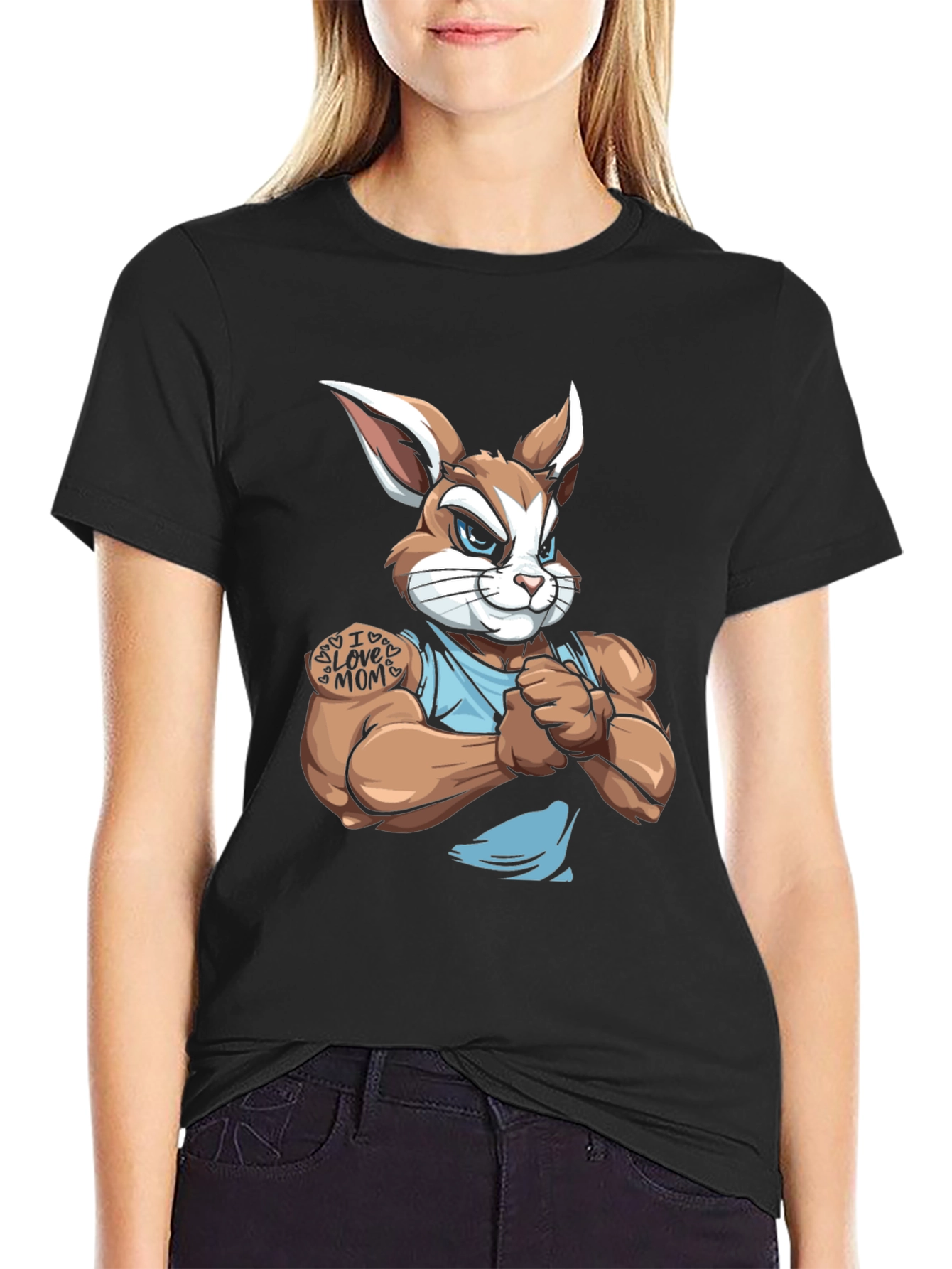 Black Muscular Bunny T-Shirt - I Love Mom view 2