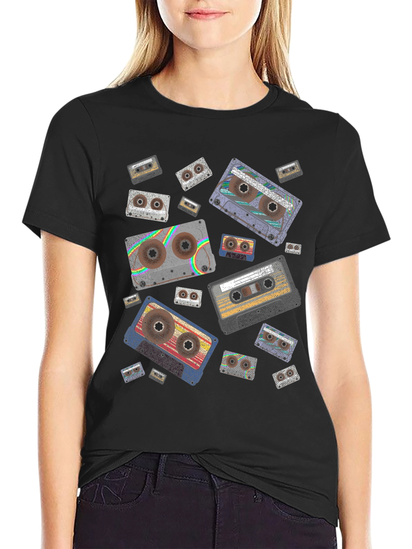 Black Retro Cassette Tape Pattern Black T-Shirt view 2