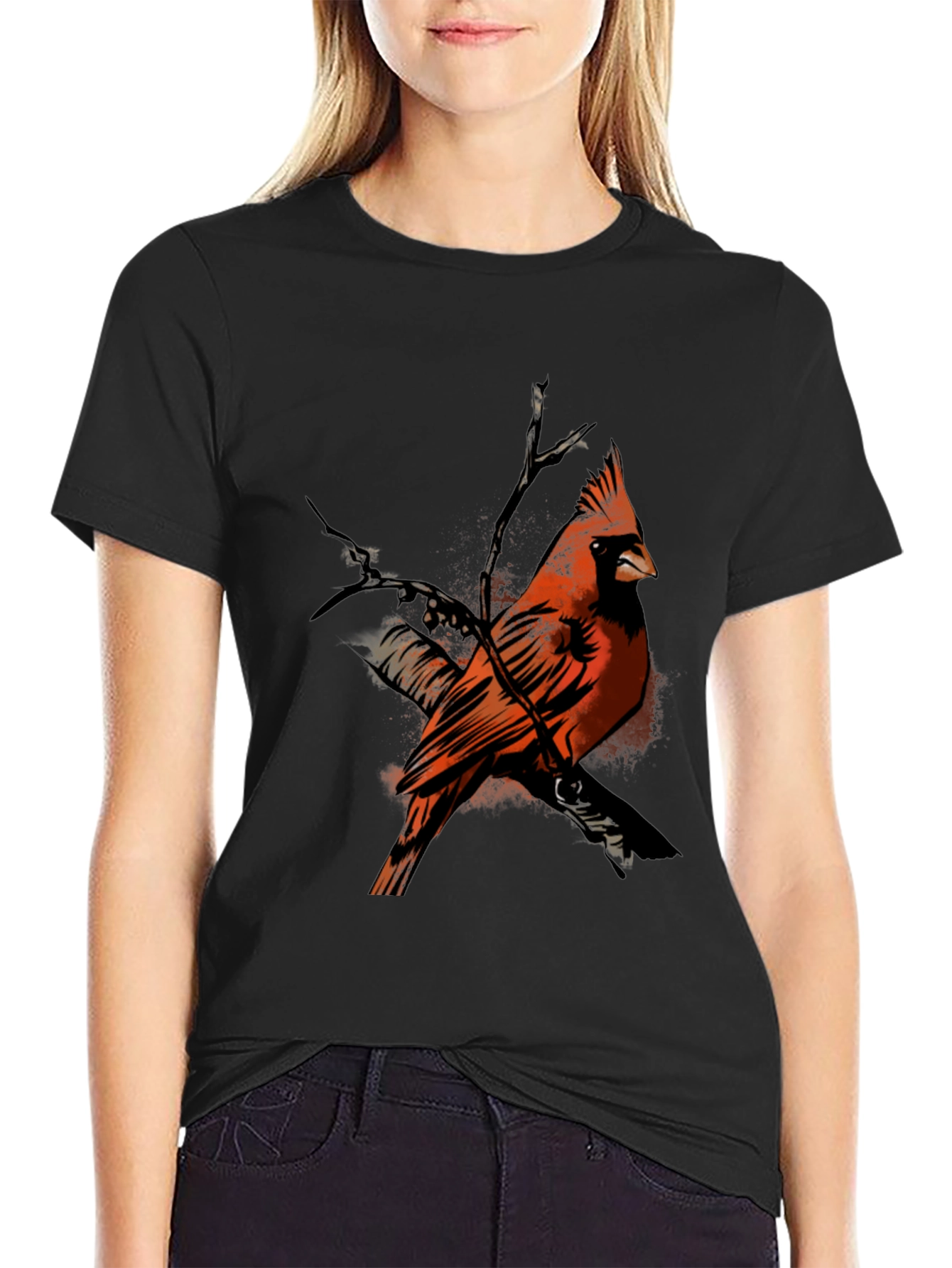Black Cardinal Bird Graphic Black T-Shirt view 2