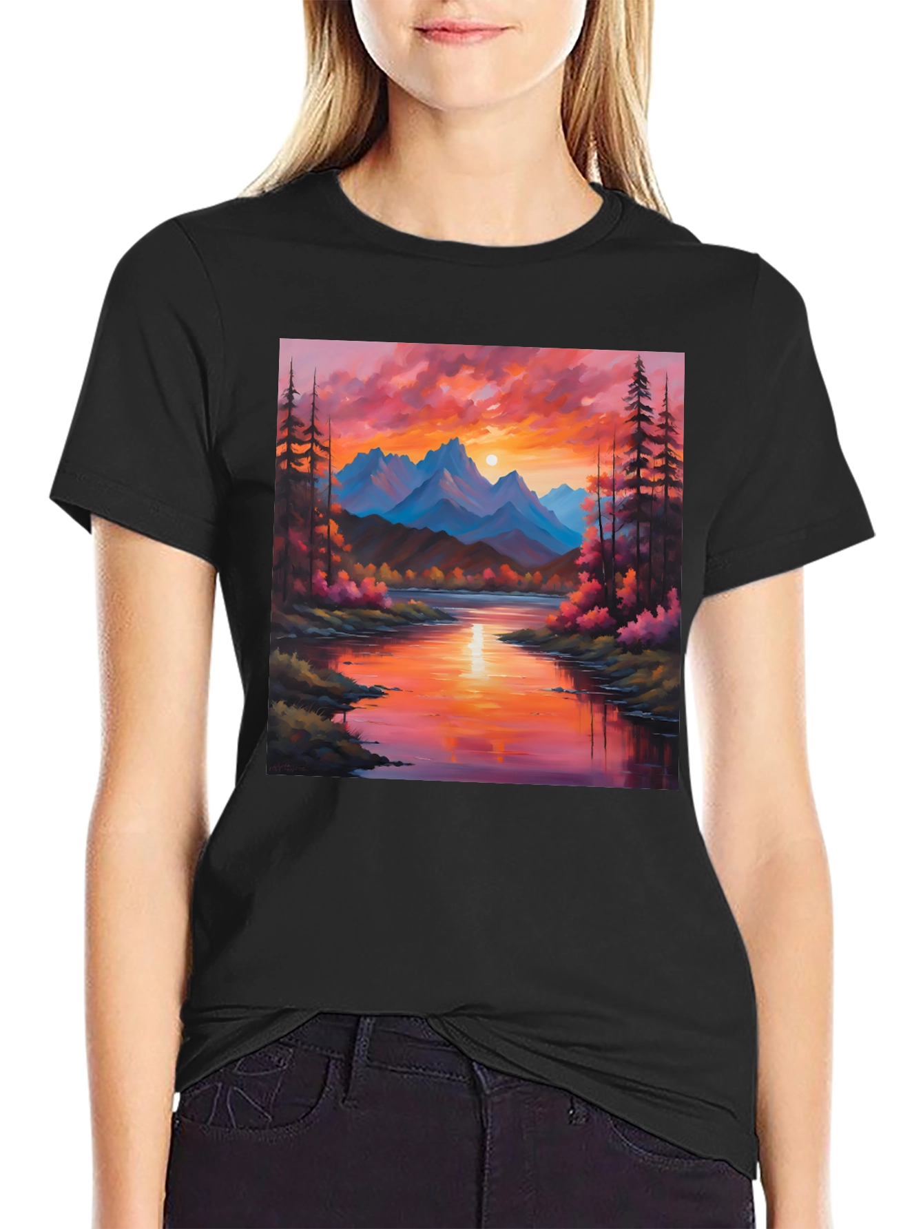 Black Sunset Mountain River Painting Graphic Tee view 2