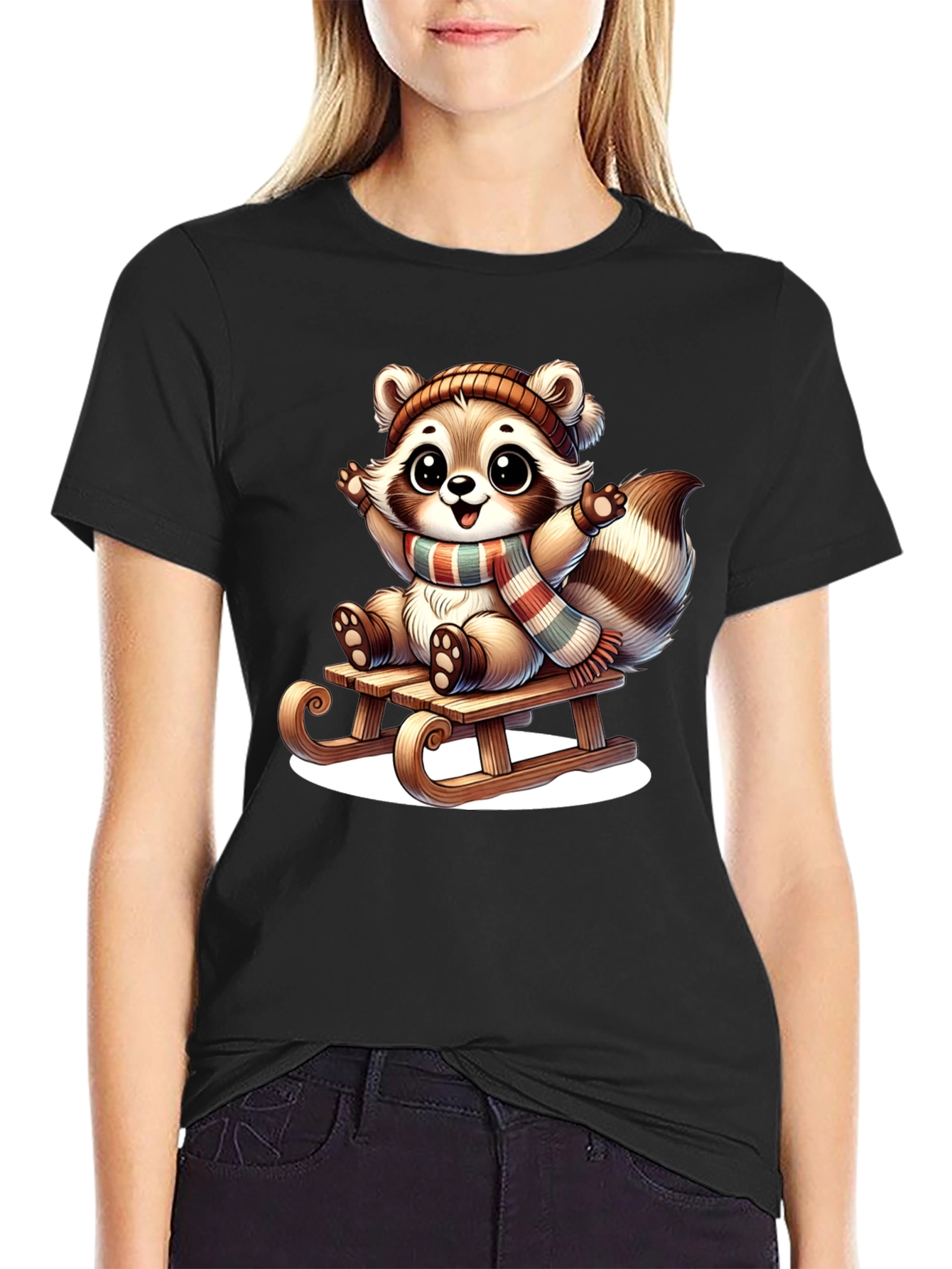 Black Cute Raccoon Sledding Graphic Tee view 2
