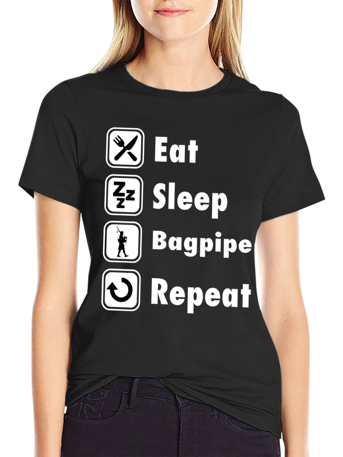 Black Eat Sleep Bagpipe Repeat T-Shirt - Black Cotton Tee view 2