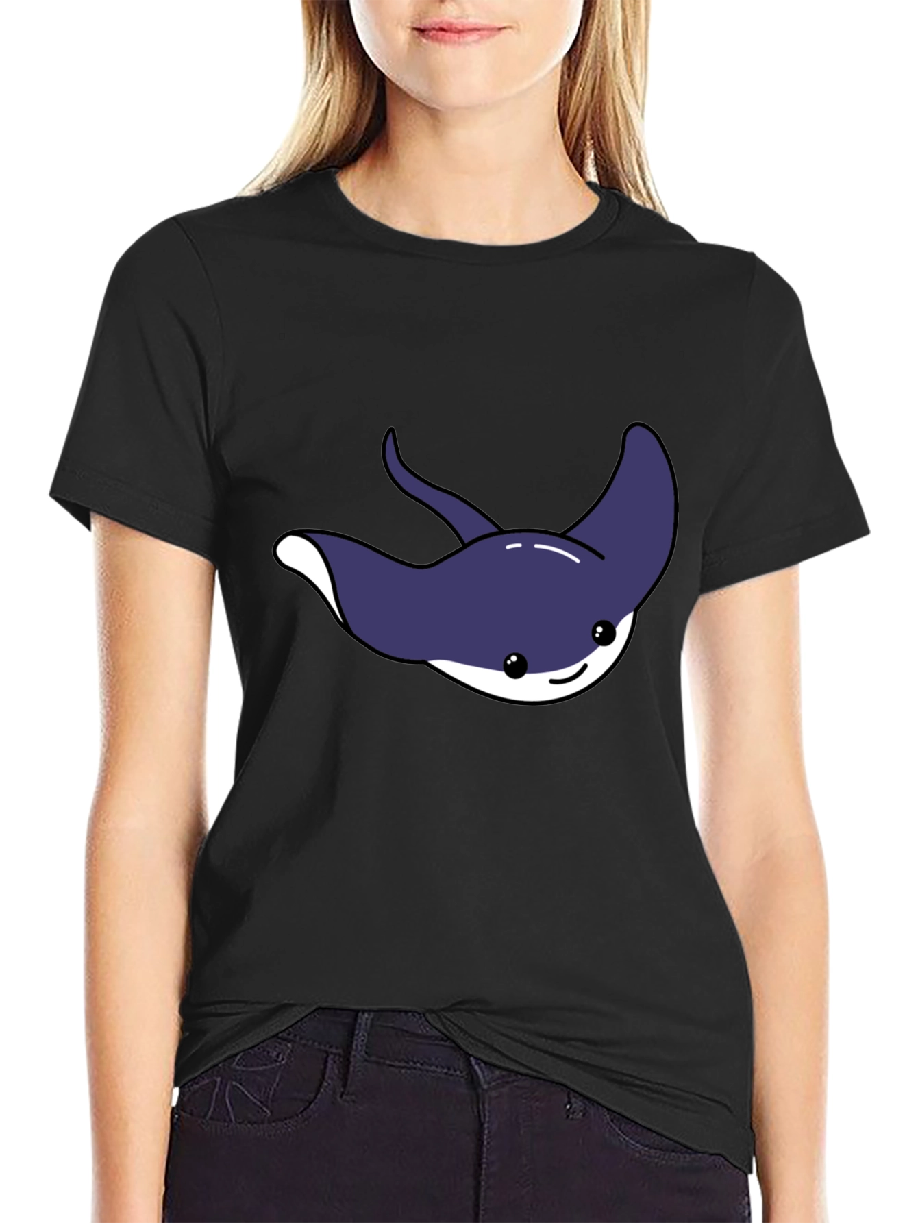 Black Cute Cartoon Stingray Graphic Tee view 2