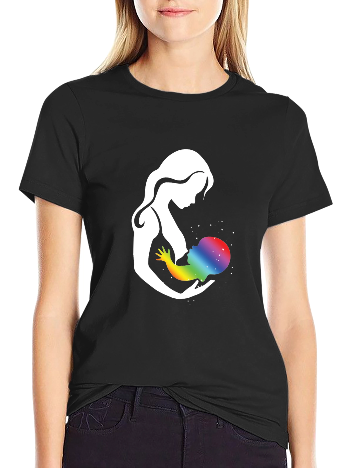 Black Mother & Child Rainbow Galaxy Graphic T-Shirt view 2