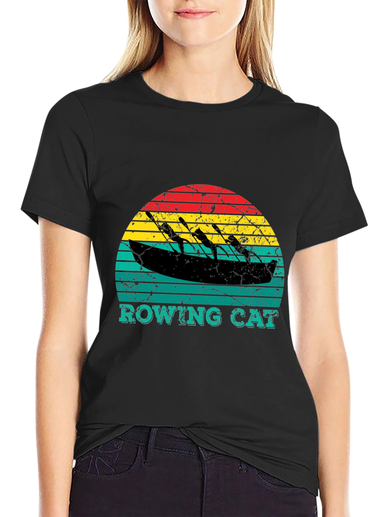 Black Rowing Cat T-Shirt - Vintage Style Tee view 2