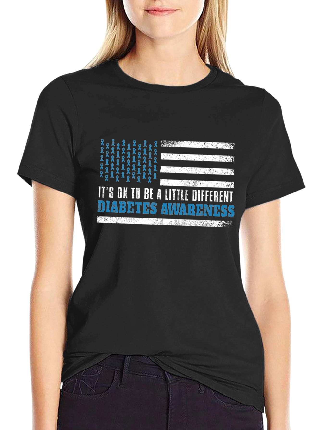 Black Diabetes Awareness American Flag Graphic T-Shirt view 2