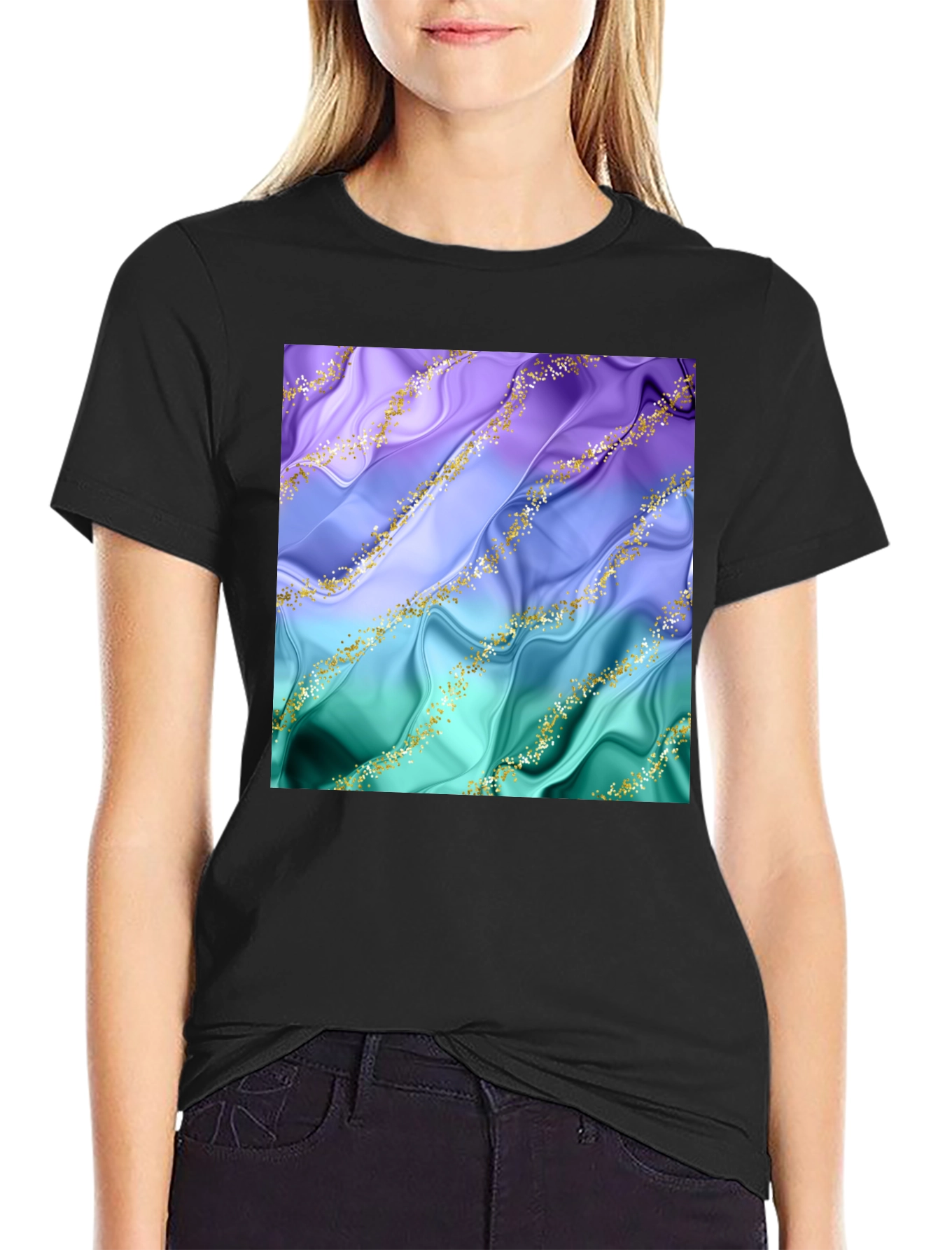 Black Elegant Marble Design Black T-Shirt view 2