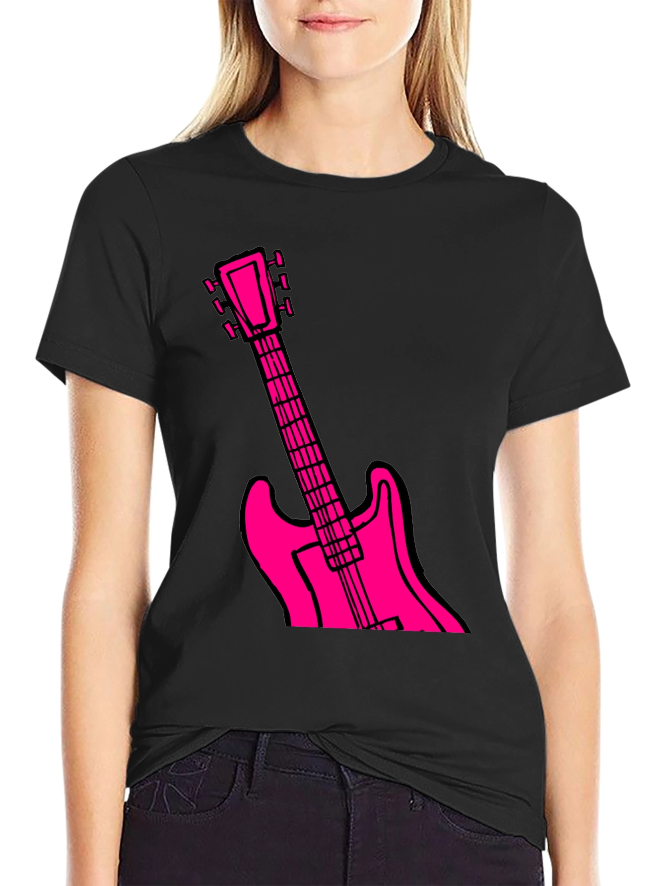 Black Black T-Shirt with Pink Guitar Graphic view 2
