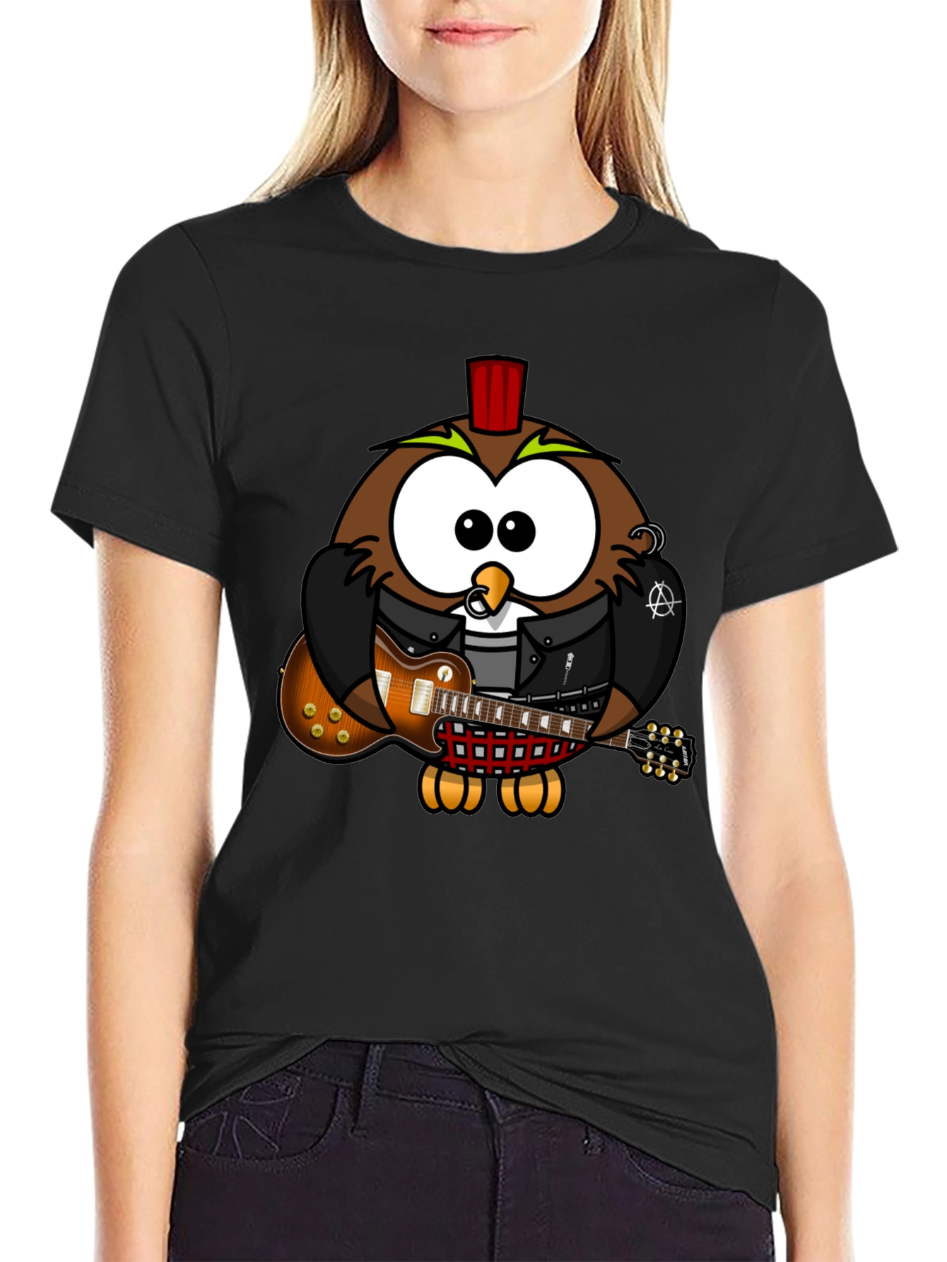 Black Cool Owl Guitarist Graphic T-Shirt view 2