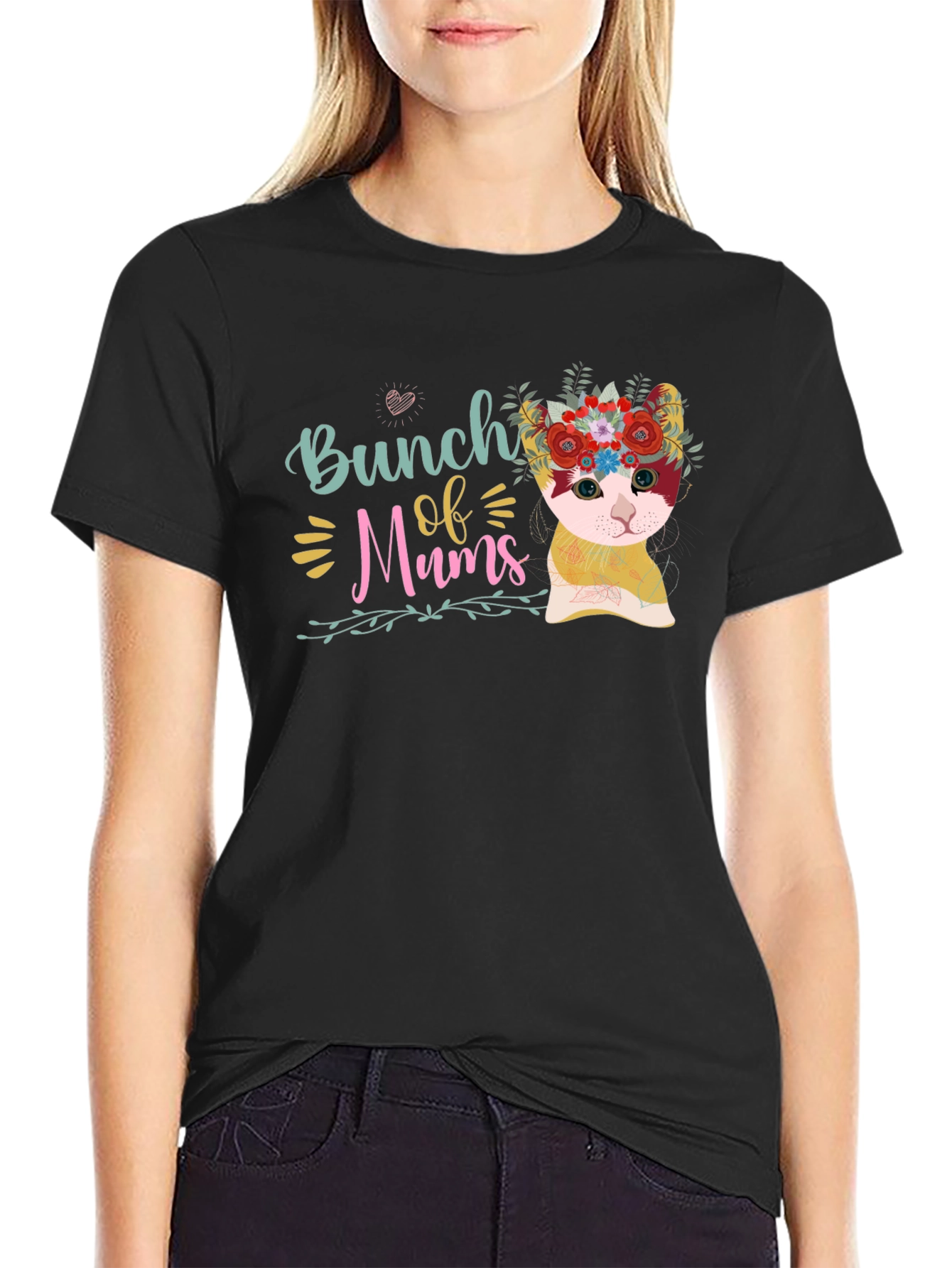 Black Bunch of Mums Floral Cat T-Shirt view 2