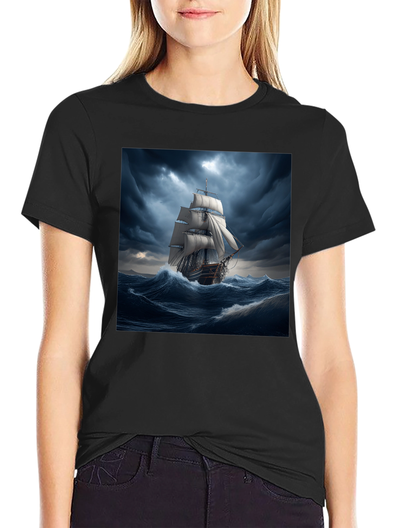 Black Nautical Storm Ship Graphic Tee - Black Cotton Blend view 2