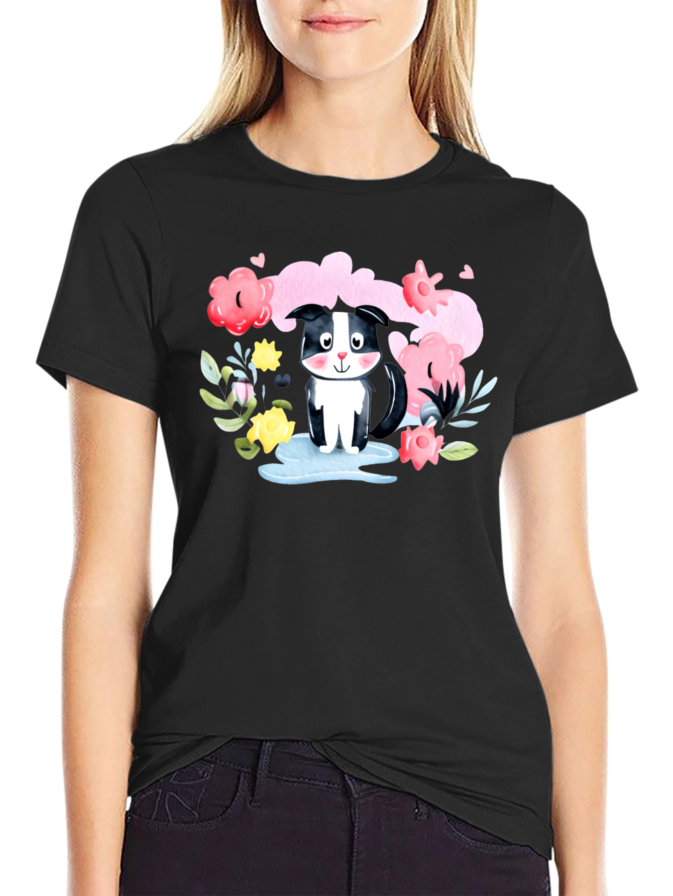 Black Cute Skunk in Watercolor Floral T-Shirt view 2