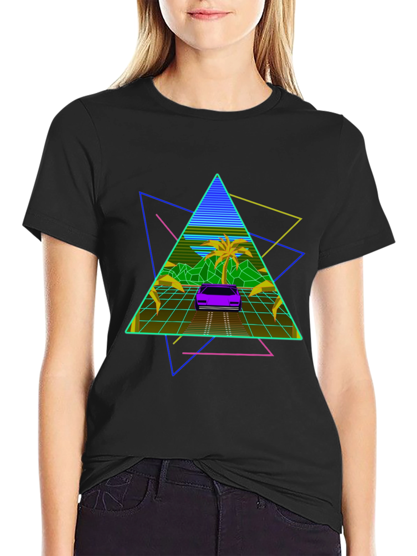 Black Retro Wave T-Shirt: 80s Style Car & Triangle Design view 2