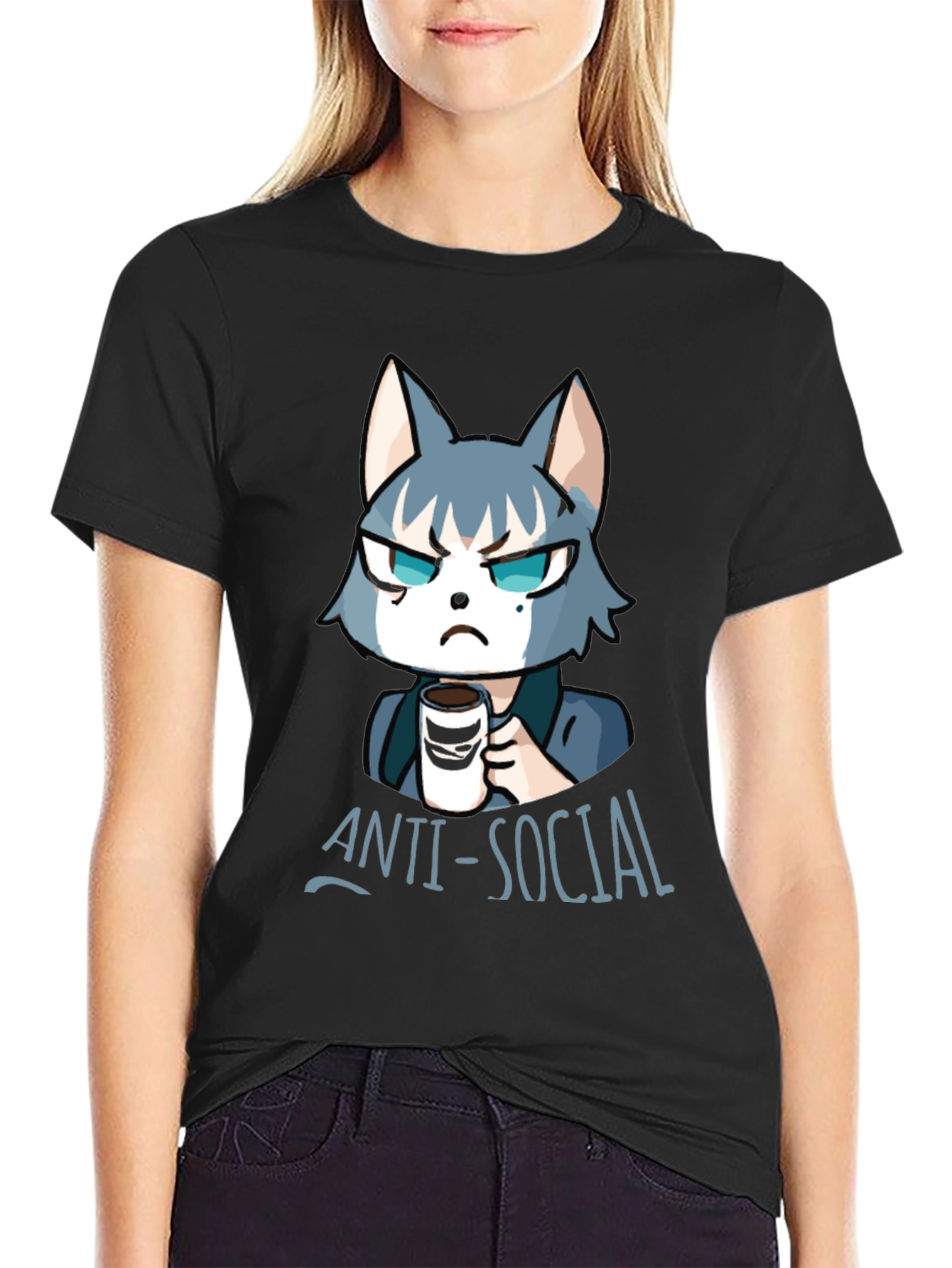 Black Anti-Social Wolf Graphic Tee - Coffee Lover T-Shirt view 2