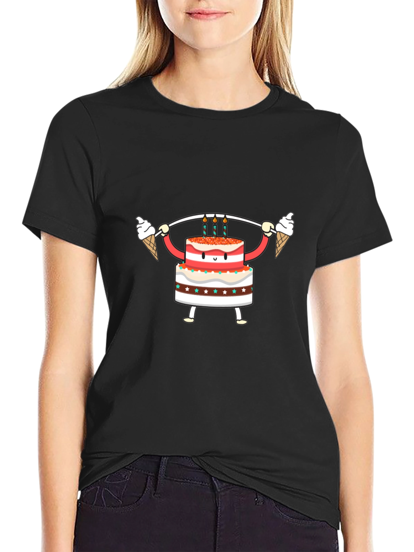 Black Cake Lifting Weights Graphic Tee view 2