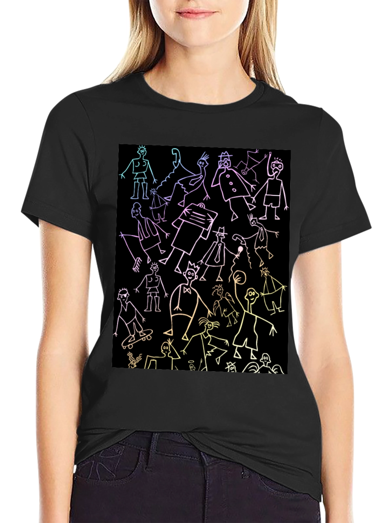 Black Doodle People Graphic Black T-Shirt view 2