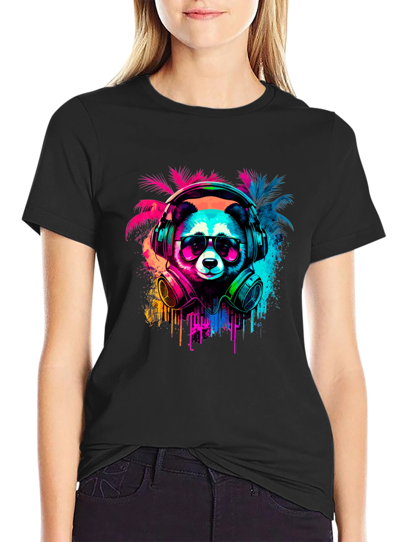Black Neon Panda Headphones Graphic Tee view 2
