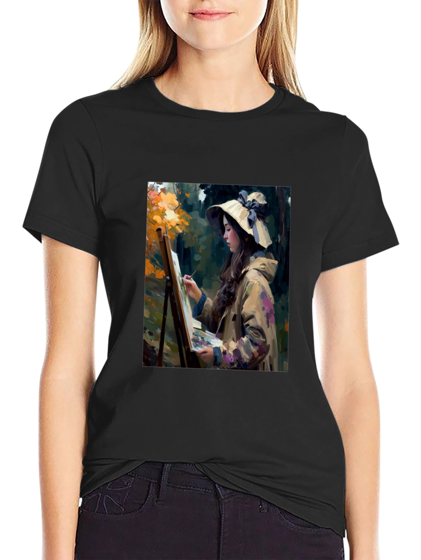 Black Artistic Woman Painting Scene Graphic T-Shirt view 2