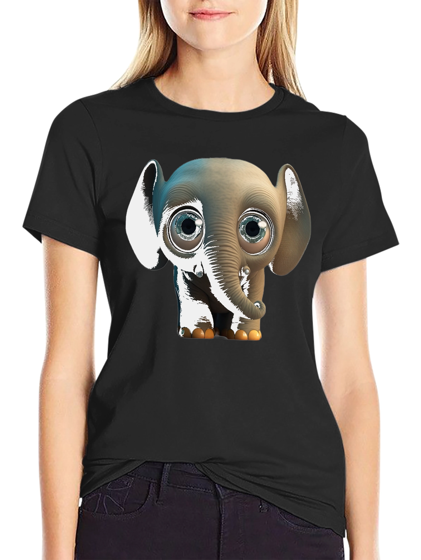 Black Cute Cartoon Elephant Graphic Tee - Black Cotton Comfort view 2