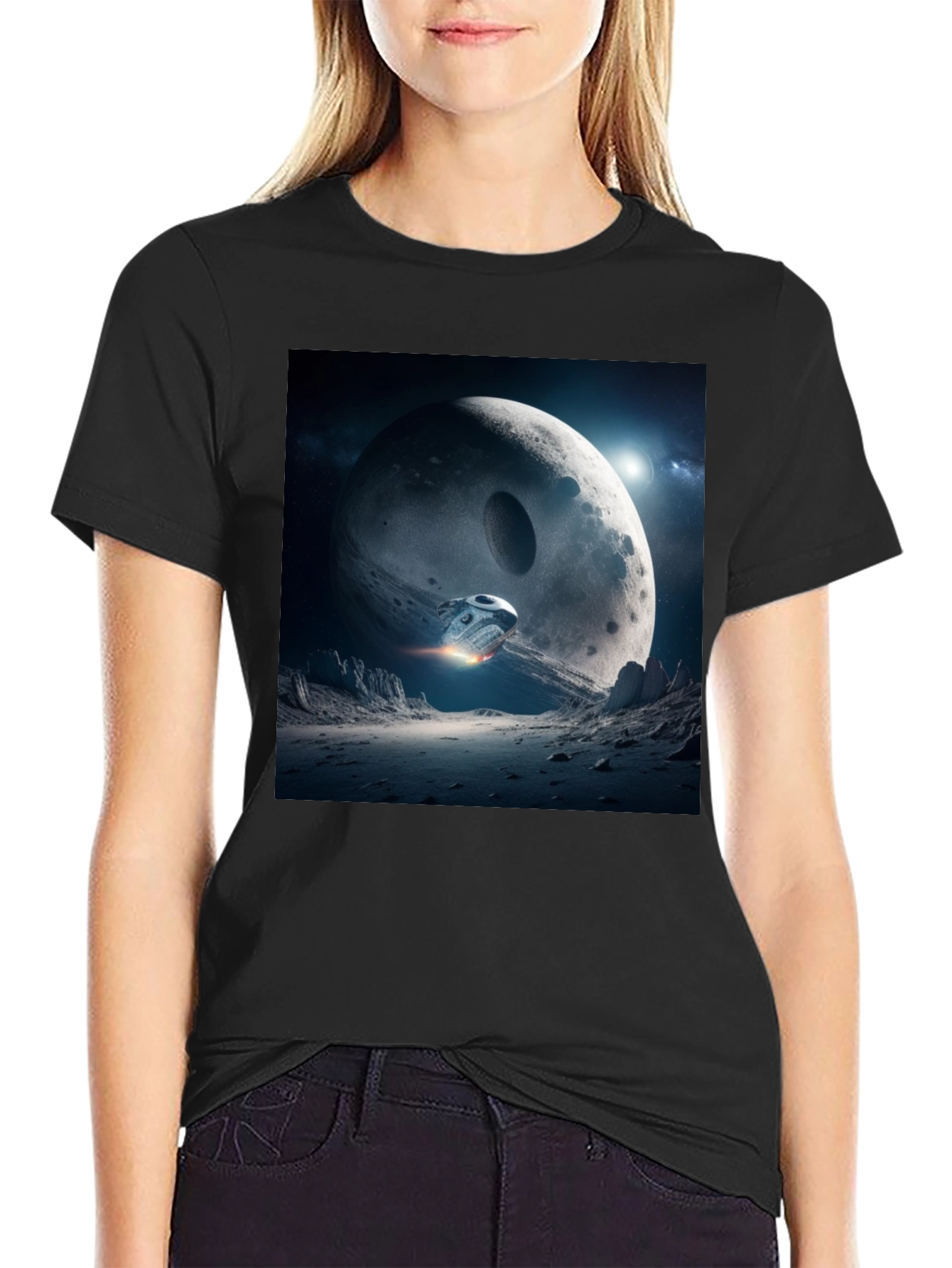 Black Sci-Fi Moon Landing Graphic Tee view 2