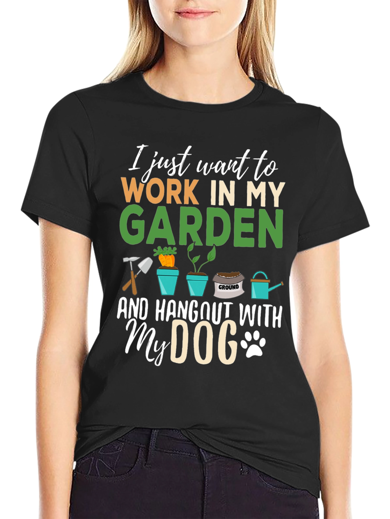 Black Gardener's Tee: Work in My Garden and Hang Out With My Dog T-Shirt view 2