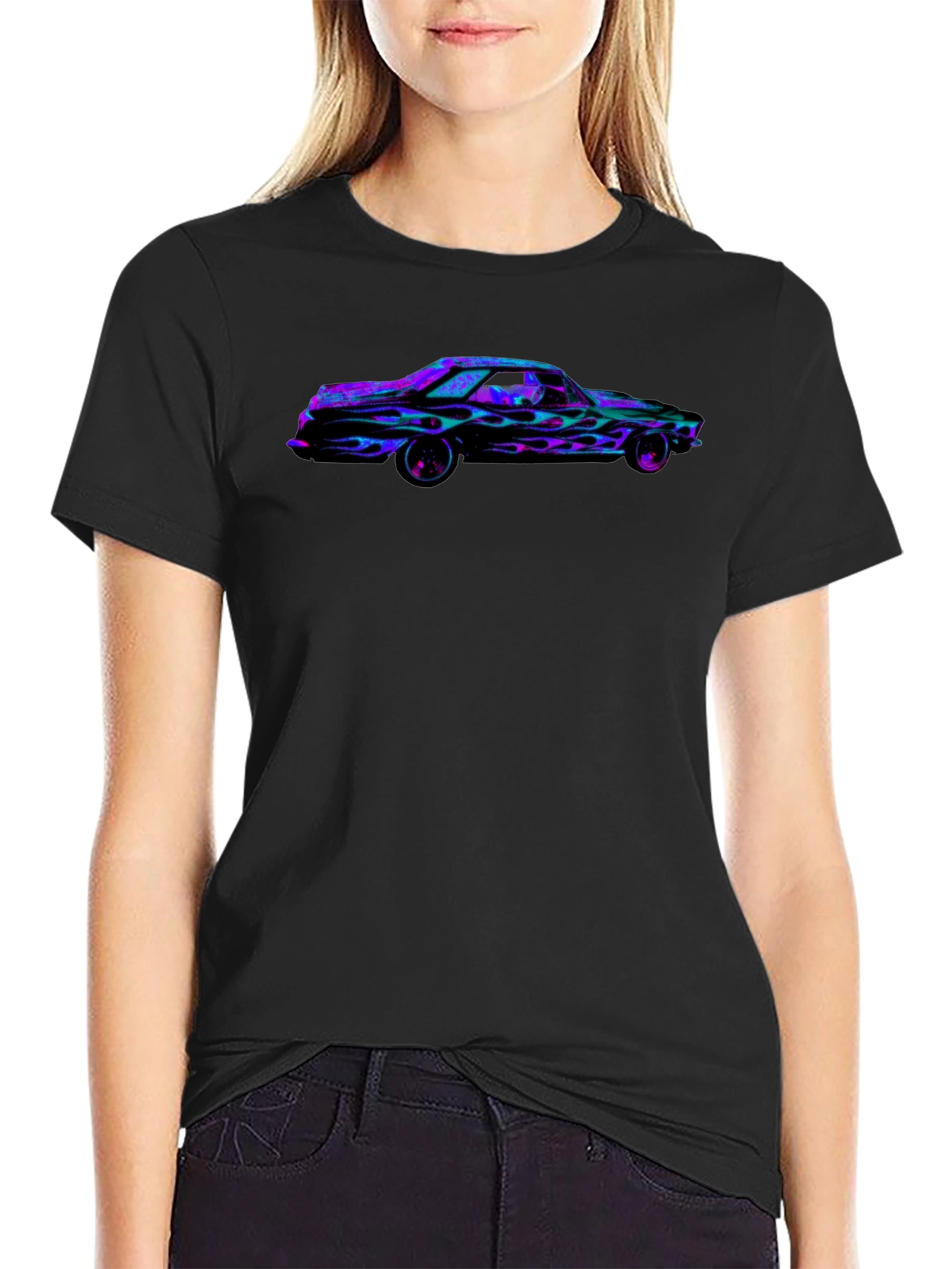 Black Flaming Car Graphic Tee - Bold Black T-Shirt view 2