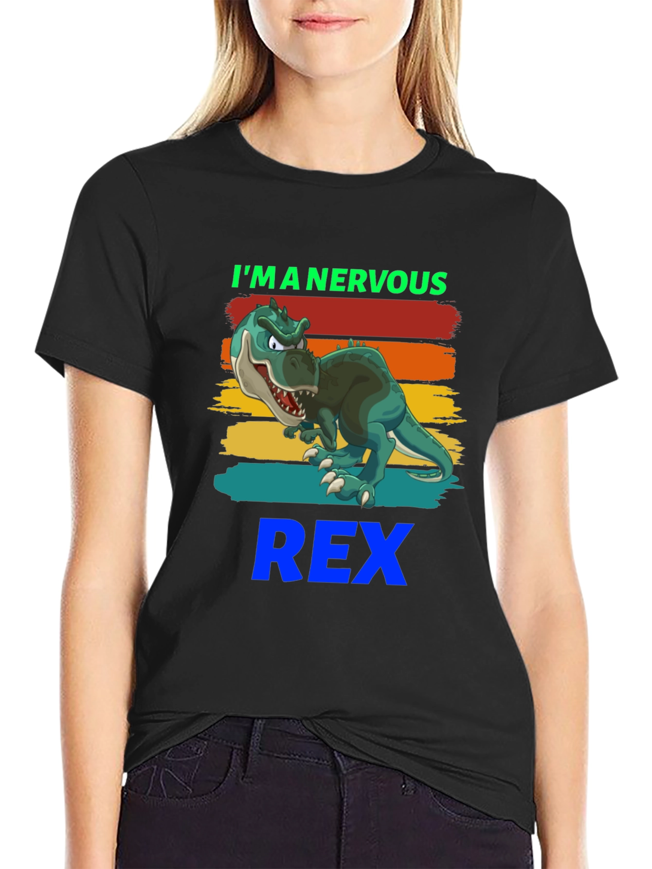 Black Nervous Rex T-Shirt - Cartoon Dinosaur Tee view 2