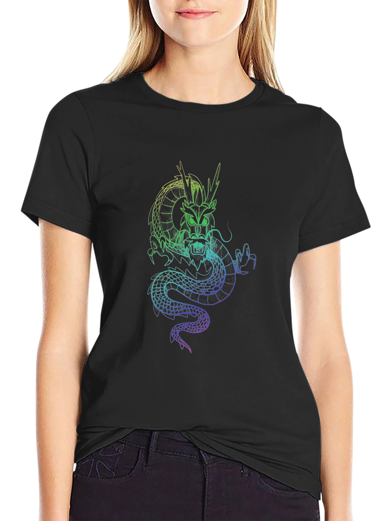 Black Dragon Graphic Black T-Shirt - Unique Neon Design view 2