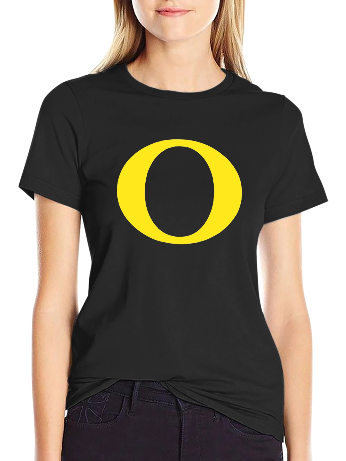 Black Black T-Shirt with Yellow 'O' Graphic view 2