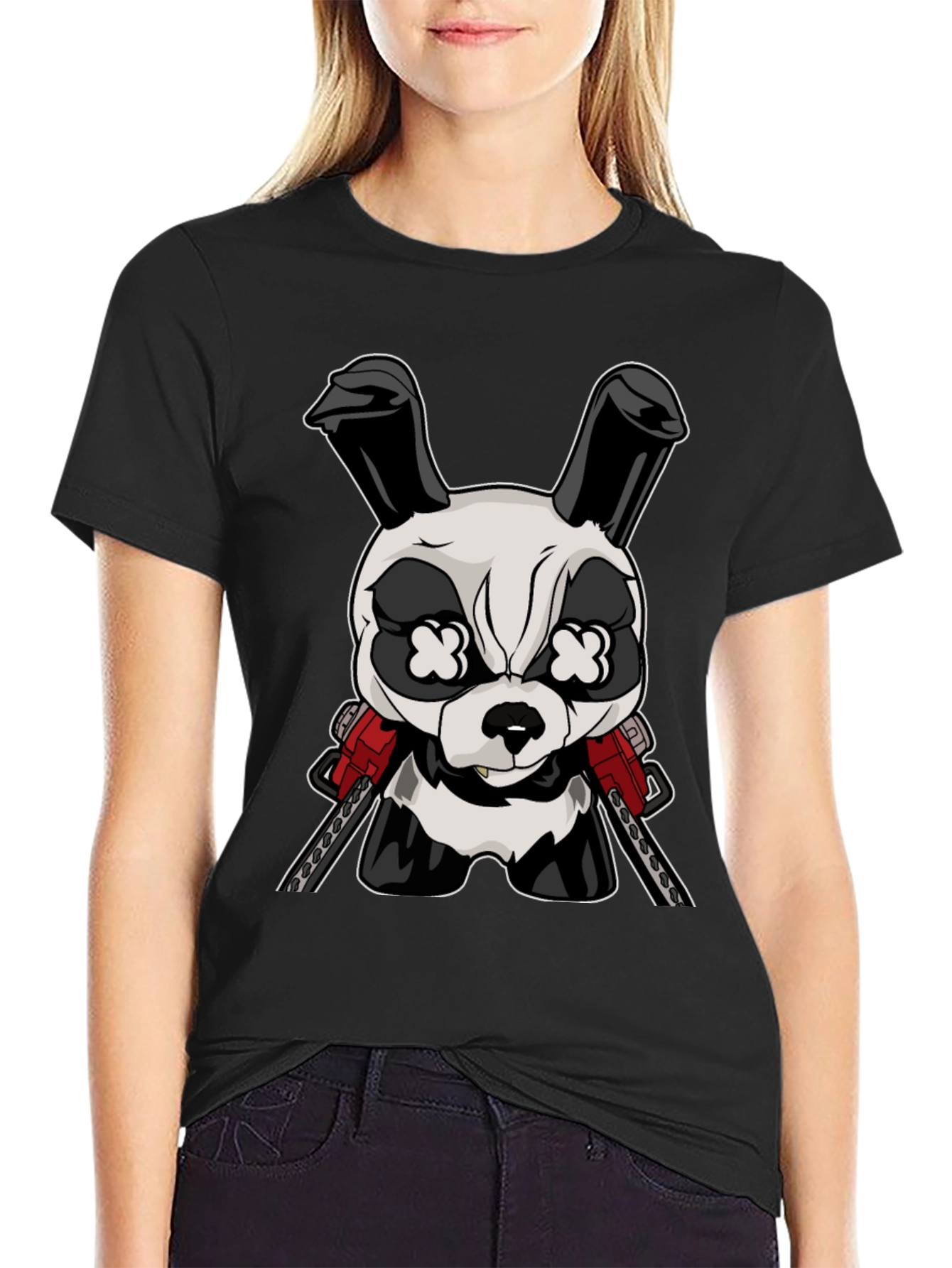 Black Cartoon Rabbit Chainsaw T-Shirt view 2