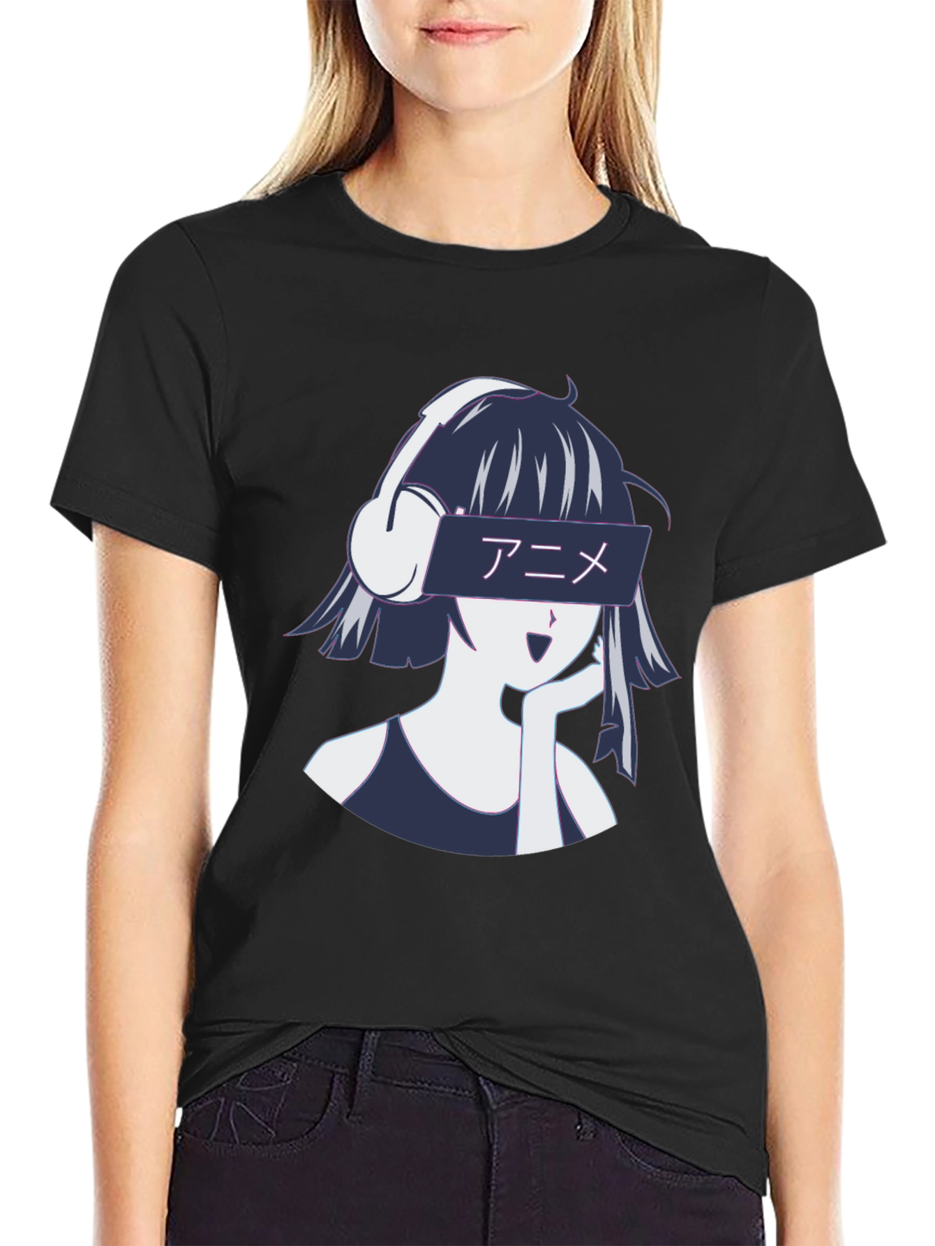 Black Anime Girl Headphones Graphic T-Shirt - Stylish Casual Wear view 2