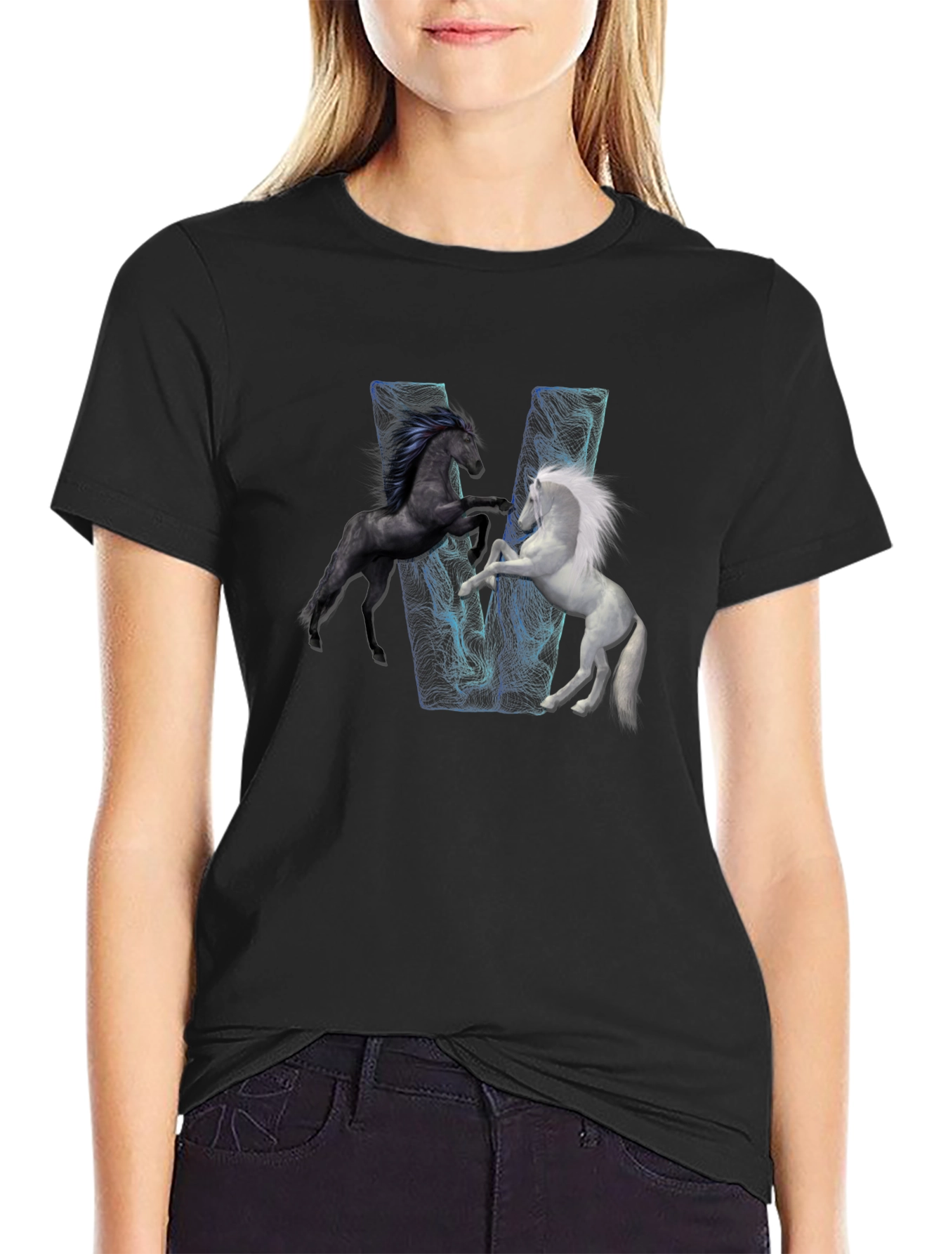 Black Black T-Shirt with Horse Design view 2