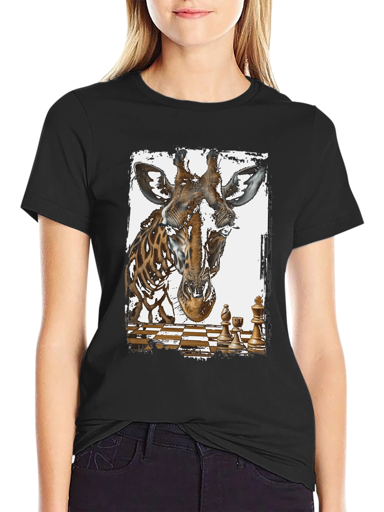 Black Giraffe Chess Graphic Tee - Novelty Design T-Shirt view 2