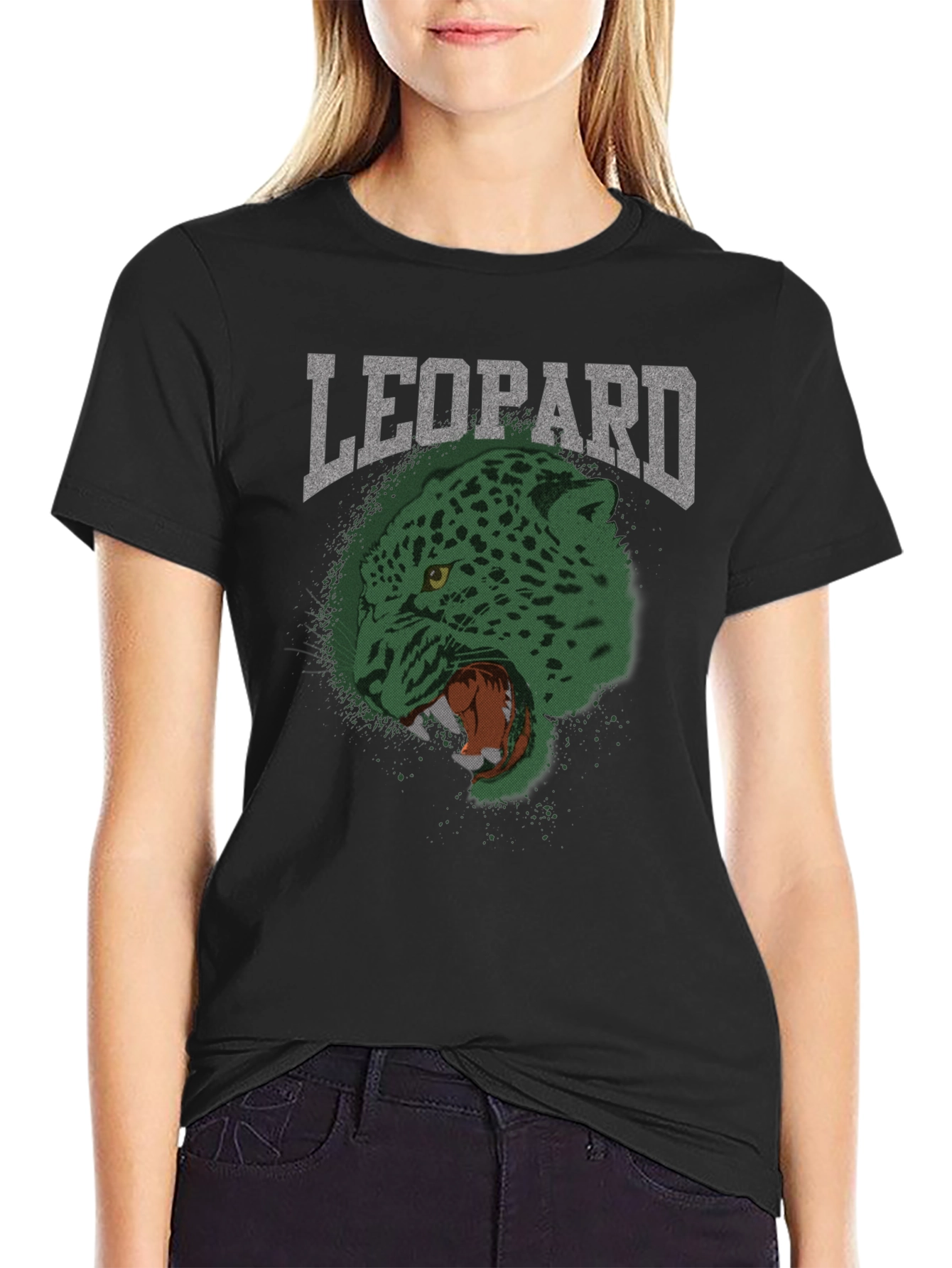 Black Men's Leopard Graphic Print Crew Neck T-Shirt view 2