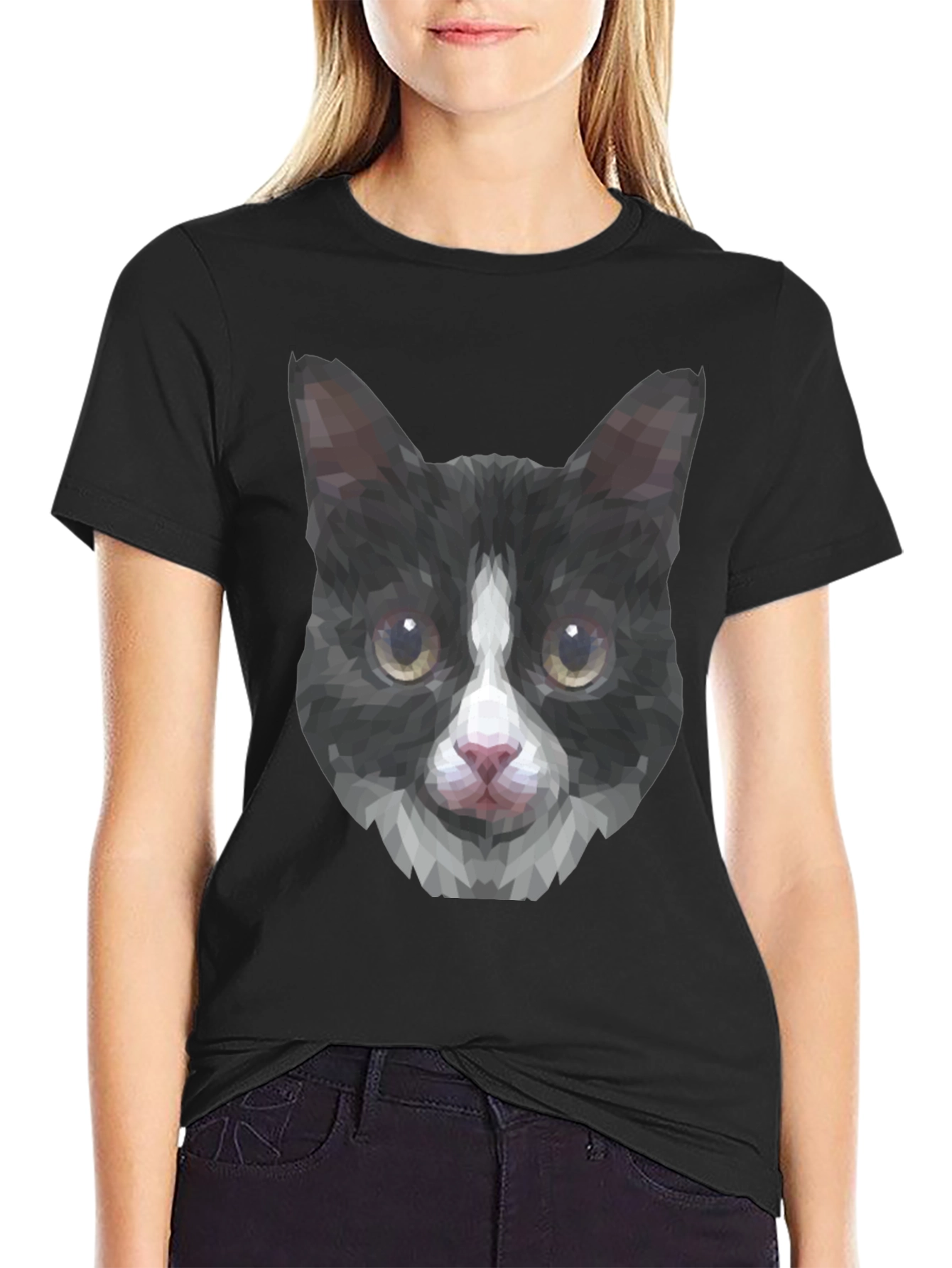Black Geometric Cat Tee - Modern Graphic T-Shirt view 2