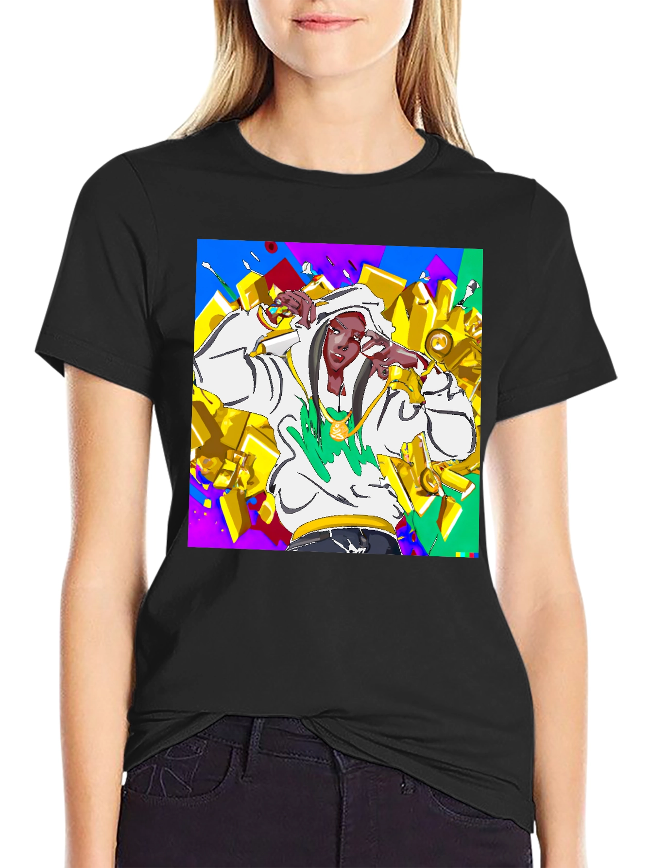 Black Urban Style Graphic Tee - Animated Character Design view 2