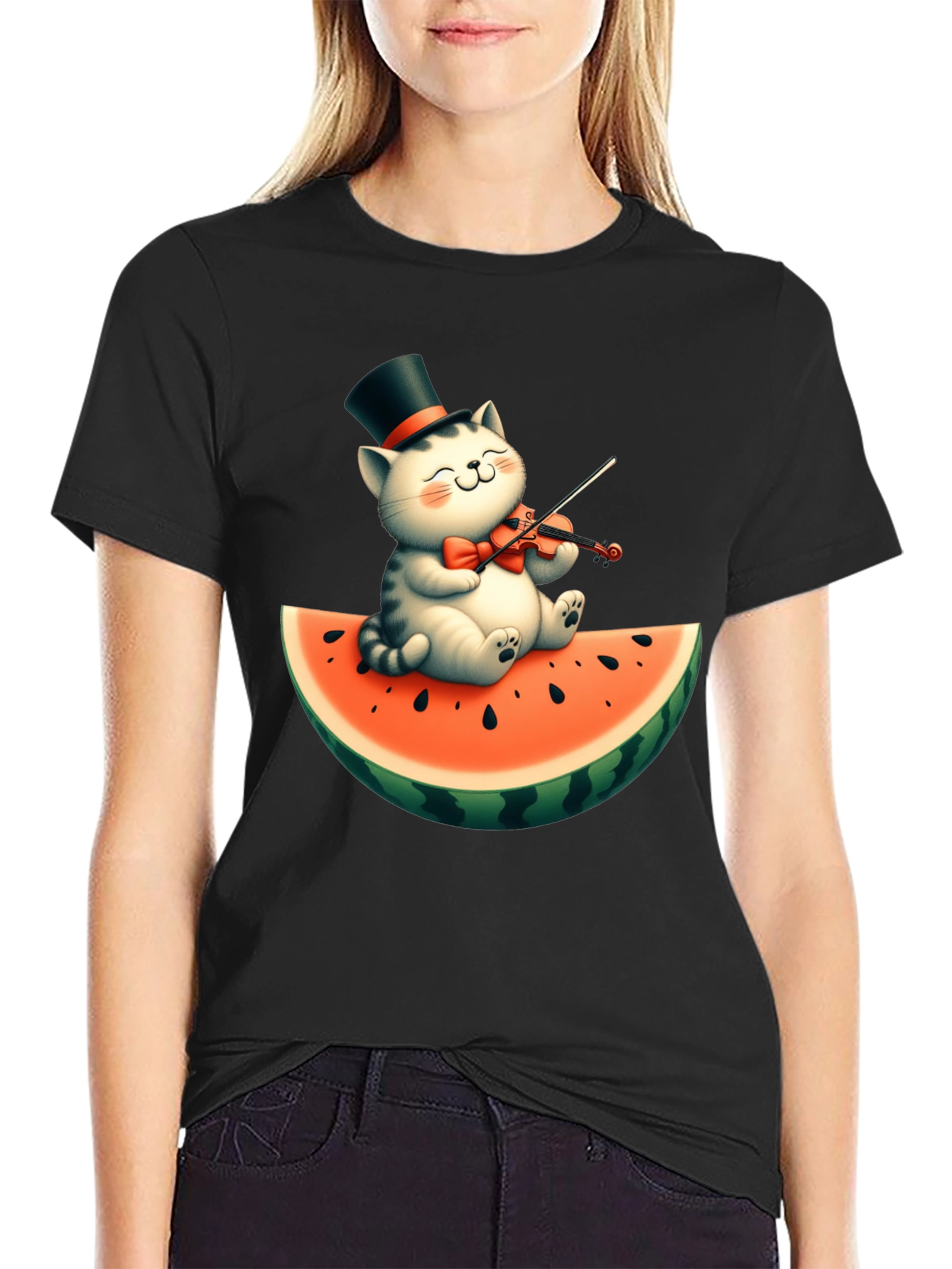 Black Cat Playing Violin on Watermelon Graphic Tee view 2