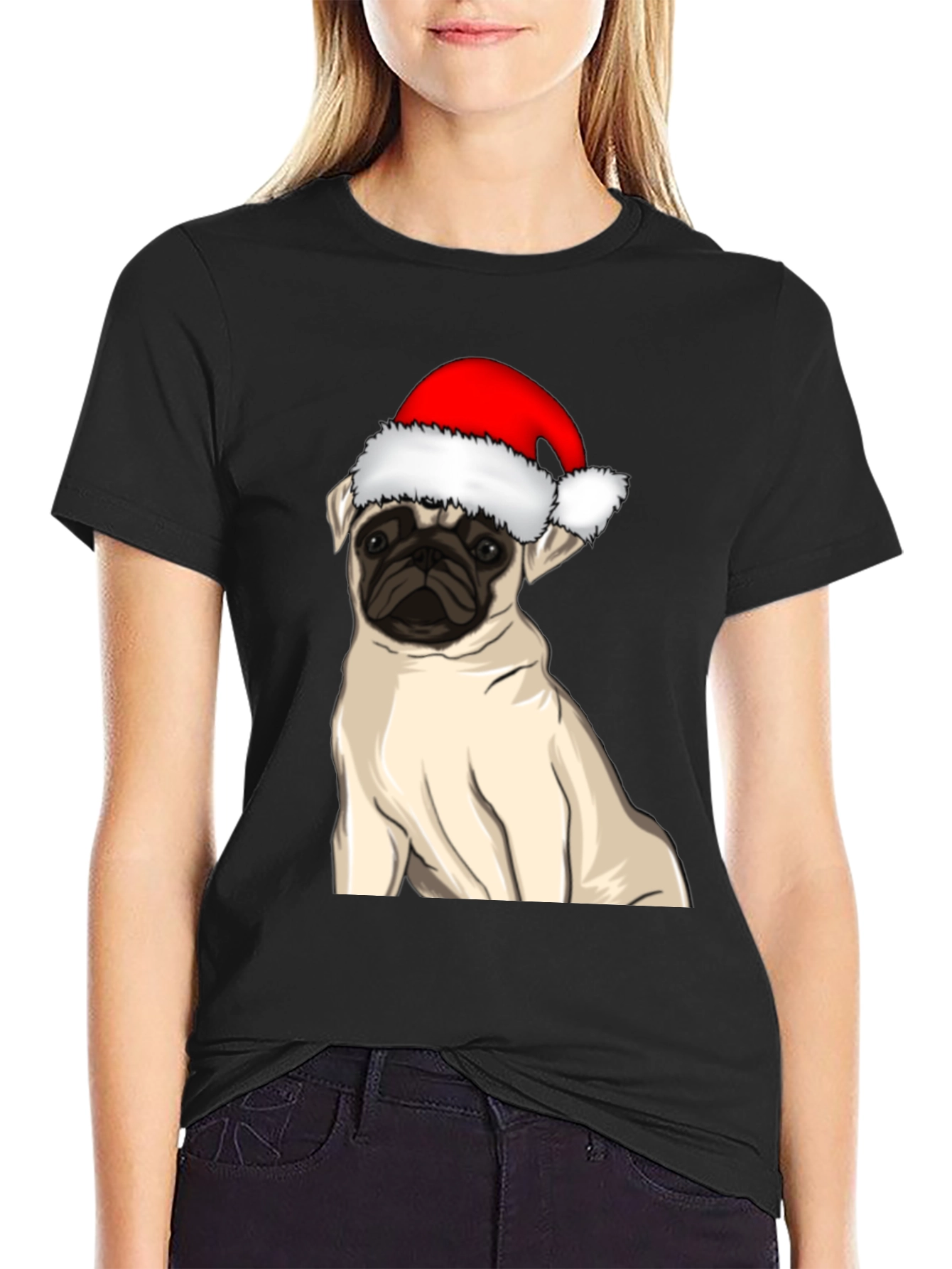 Black Pug in Santa Hat Graphic Tee view 2