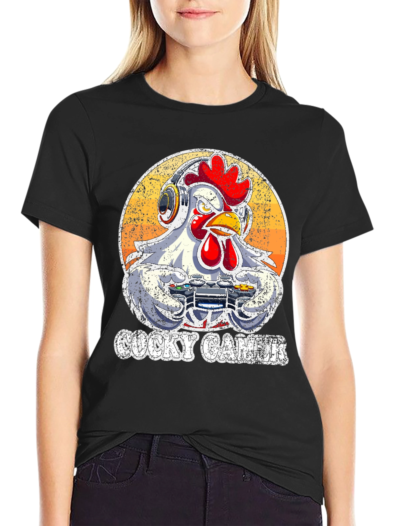 Black Cocky Gamer T-Shirt - Funny Chicken Video Game Tee view 2