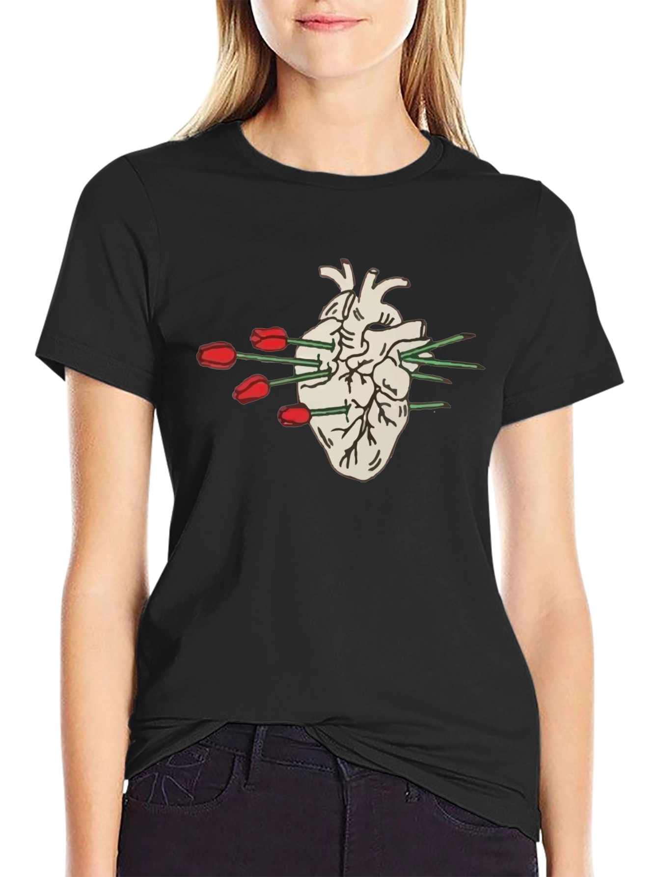 Black Anatomical Heart T-Shirt - Floral Arrow Design view 2