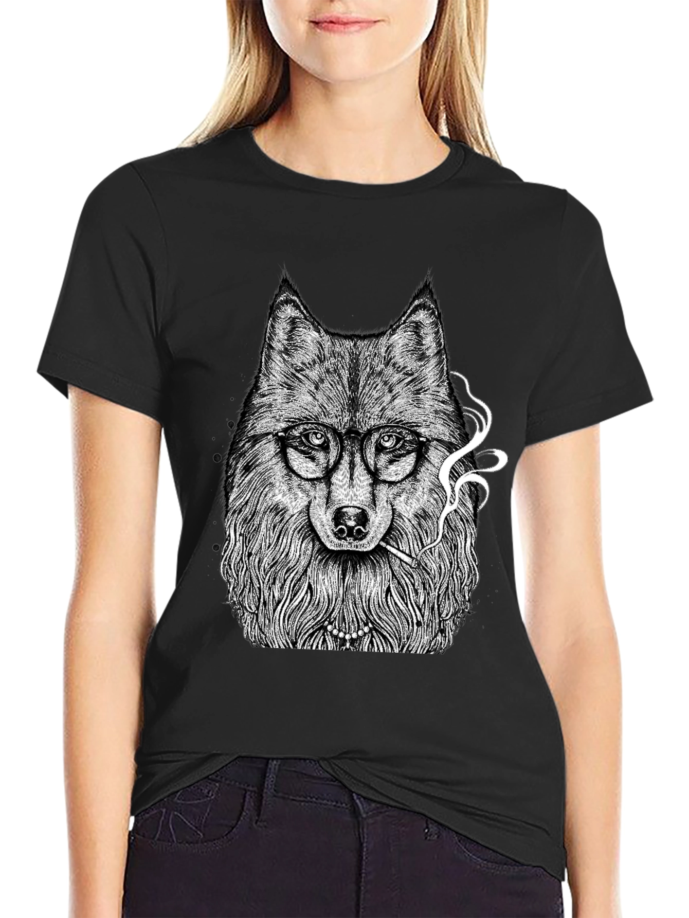 Black Wolf with Glasses Graphic Tee - Black view 2
