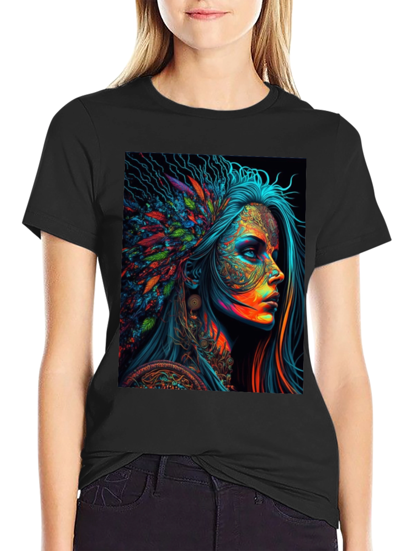 Black Vibrant Psychedelic Woman Graphic T-Shirt view 2