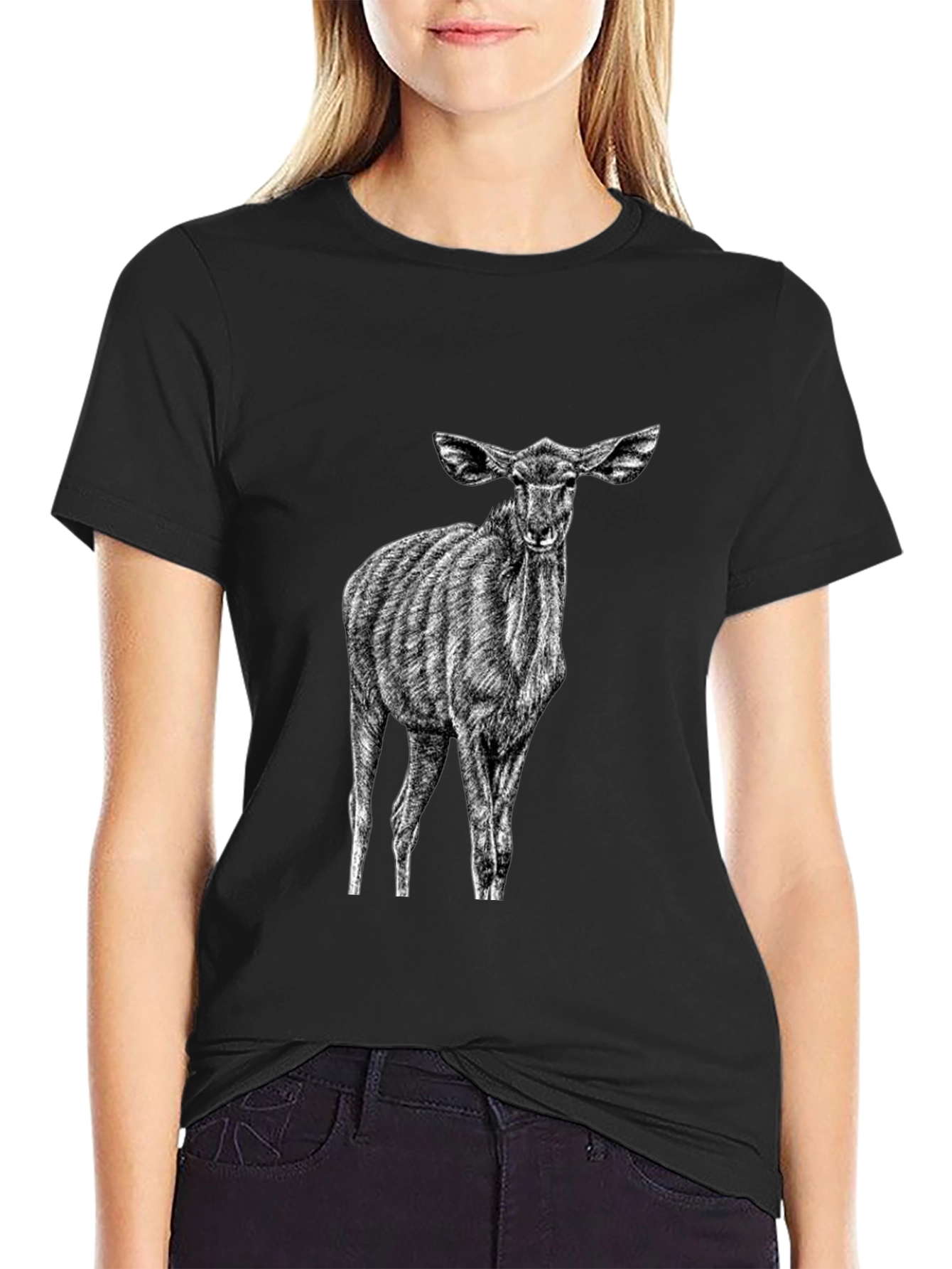 Black Black T-Shirt with Kudu Antelope Design view 2