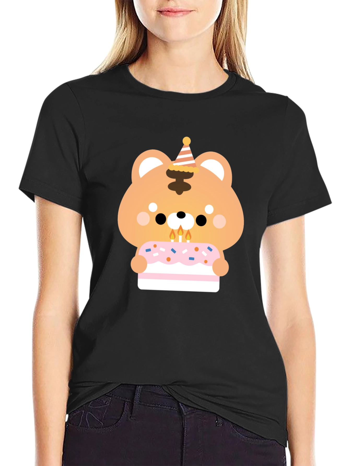 Black Cute Bear Birthday Cake T-Shirt view 2