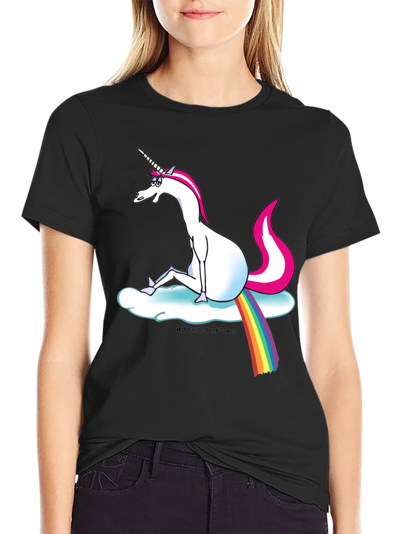 Black Unicorn Rainbow Cloud Graphic T-Shirt view 2