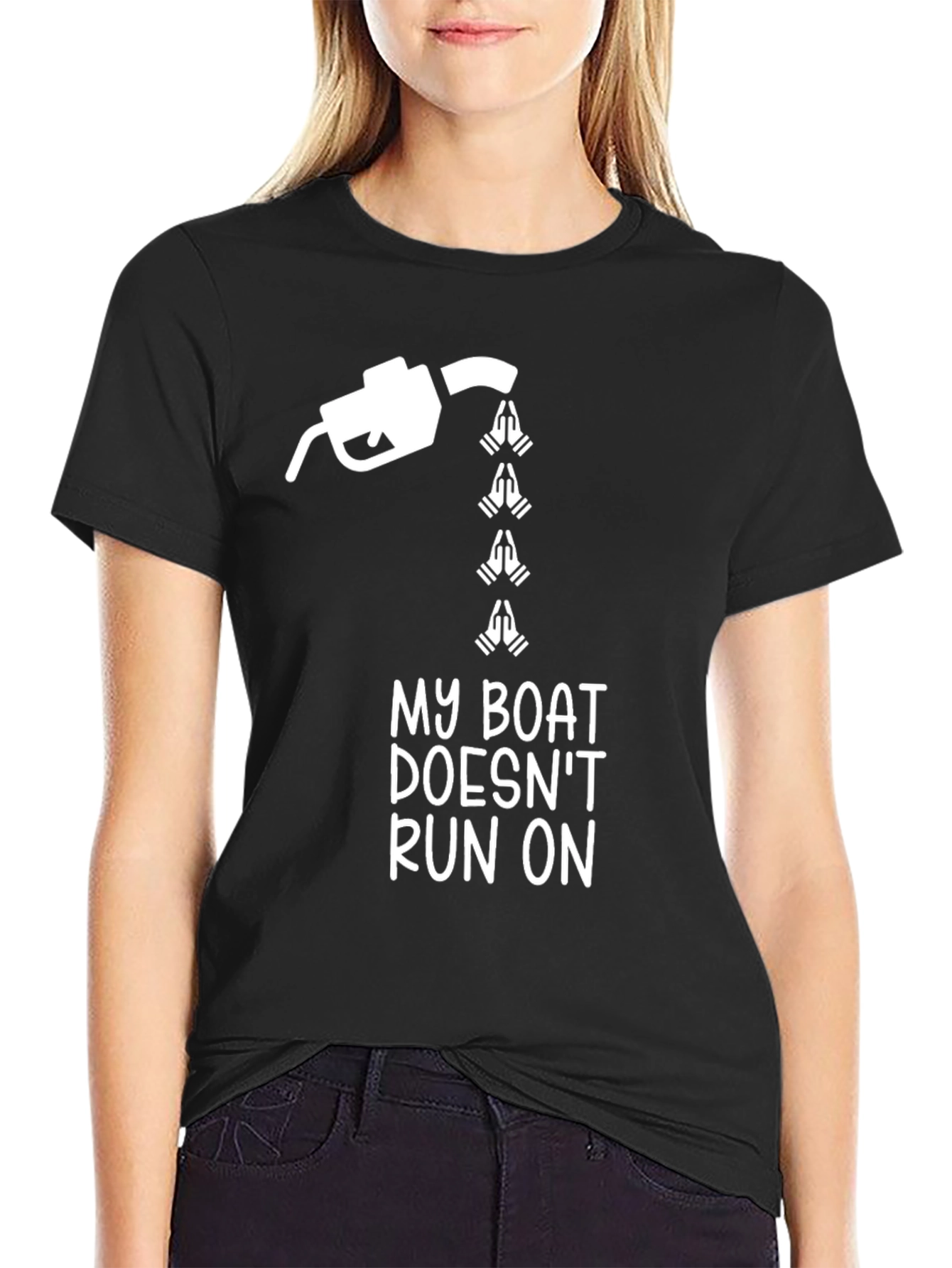 Black Funny Boating T-Shirt - My Boat Doesn't Run on Prayers view 2