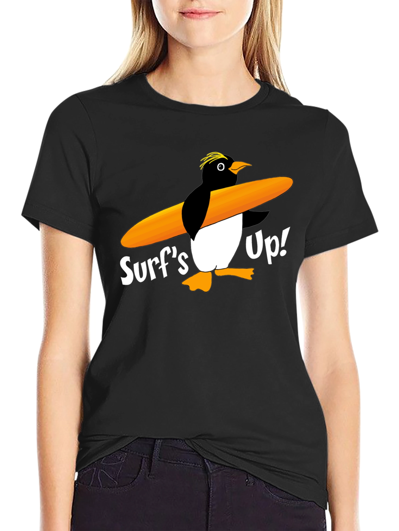 Black Surf's Up Penguin Graphic Tee - Black Cotton T-Shirt view 2