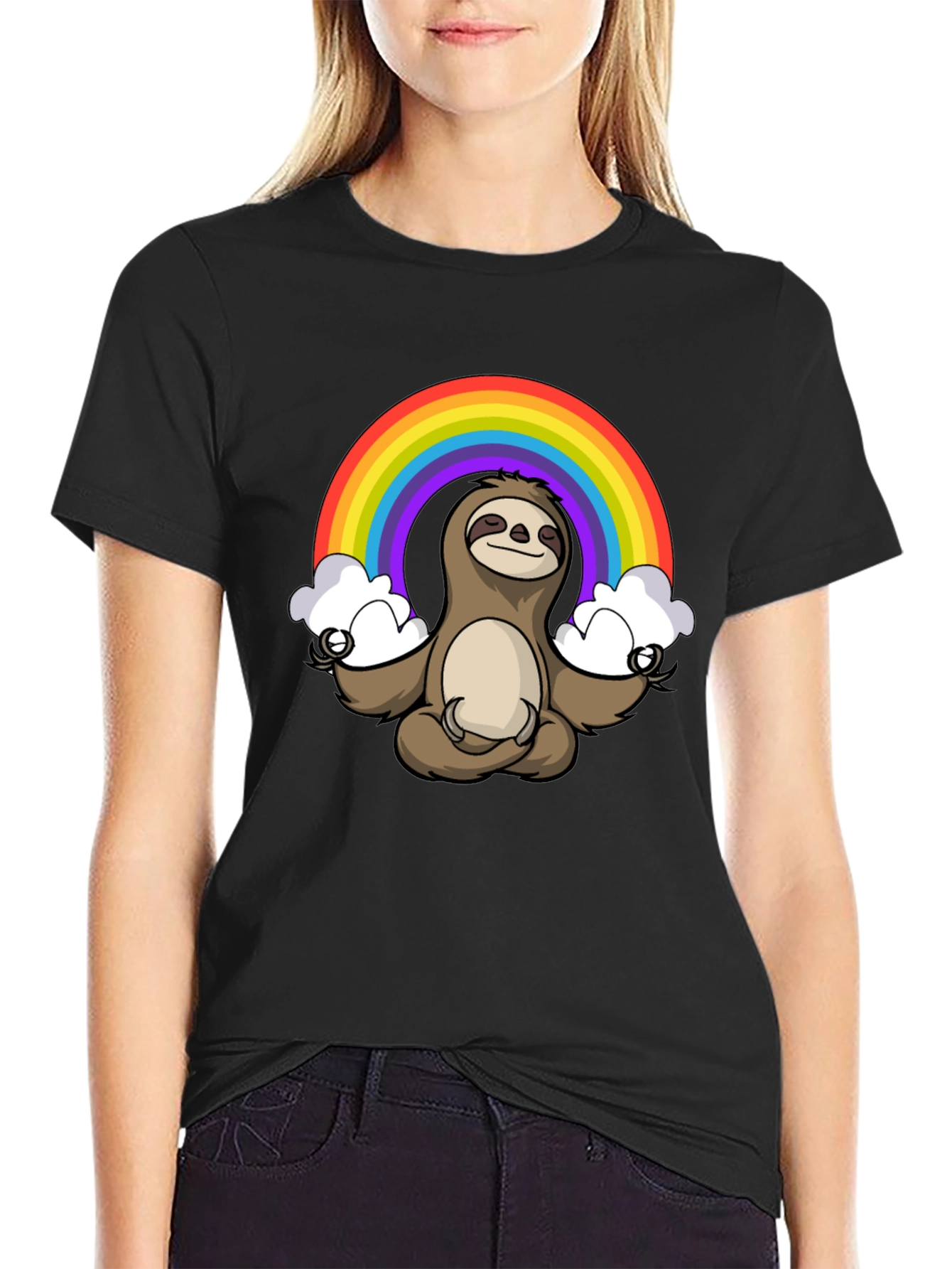 Black Meditating Sloth Rainbow T-Shirt - Relaxed Zen Style view 2