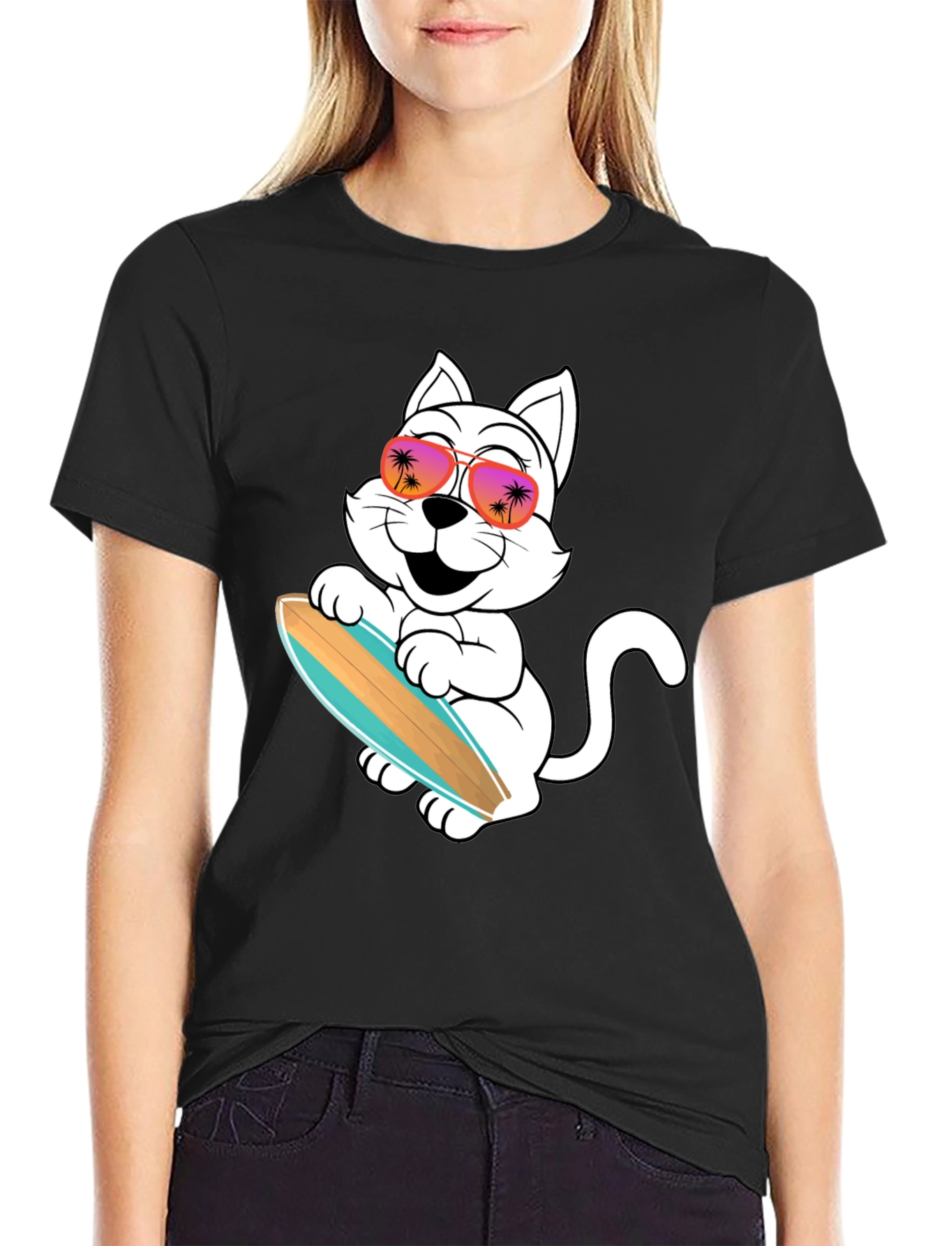 Black Cool Cat Surfing T-Shirt view 2